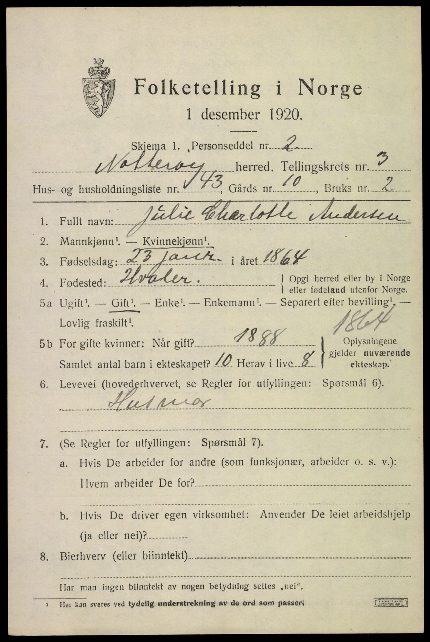 SAKO, 1920 census for Nøtterøy, 1920, p. 6007