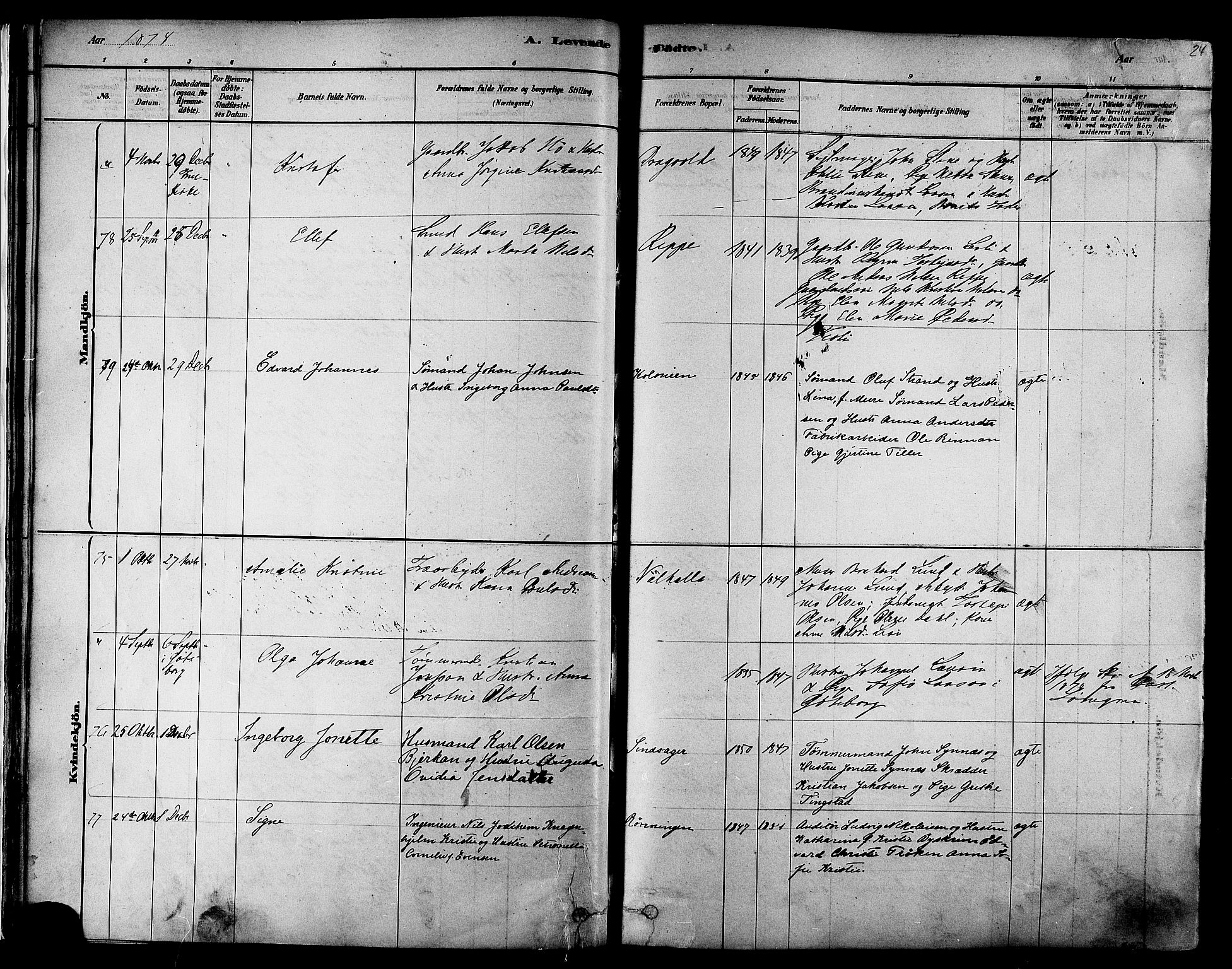 Ministerialprotokoller, klokkerbøker og fødselsregistre - Sør-Trøndelag, AV/SAT-A-1456/606/L0294: Parish register (official) no. 606A09, 1878-1886, p. 24