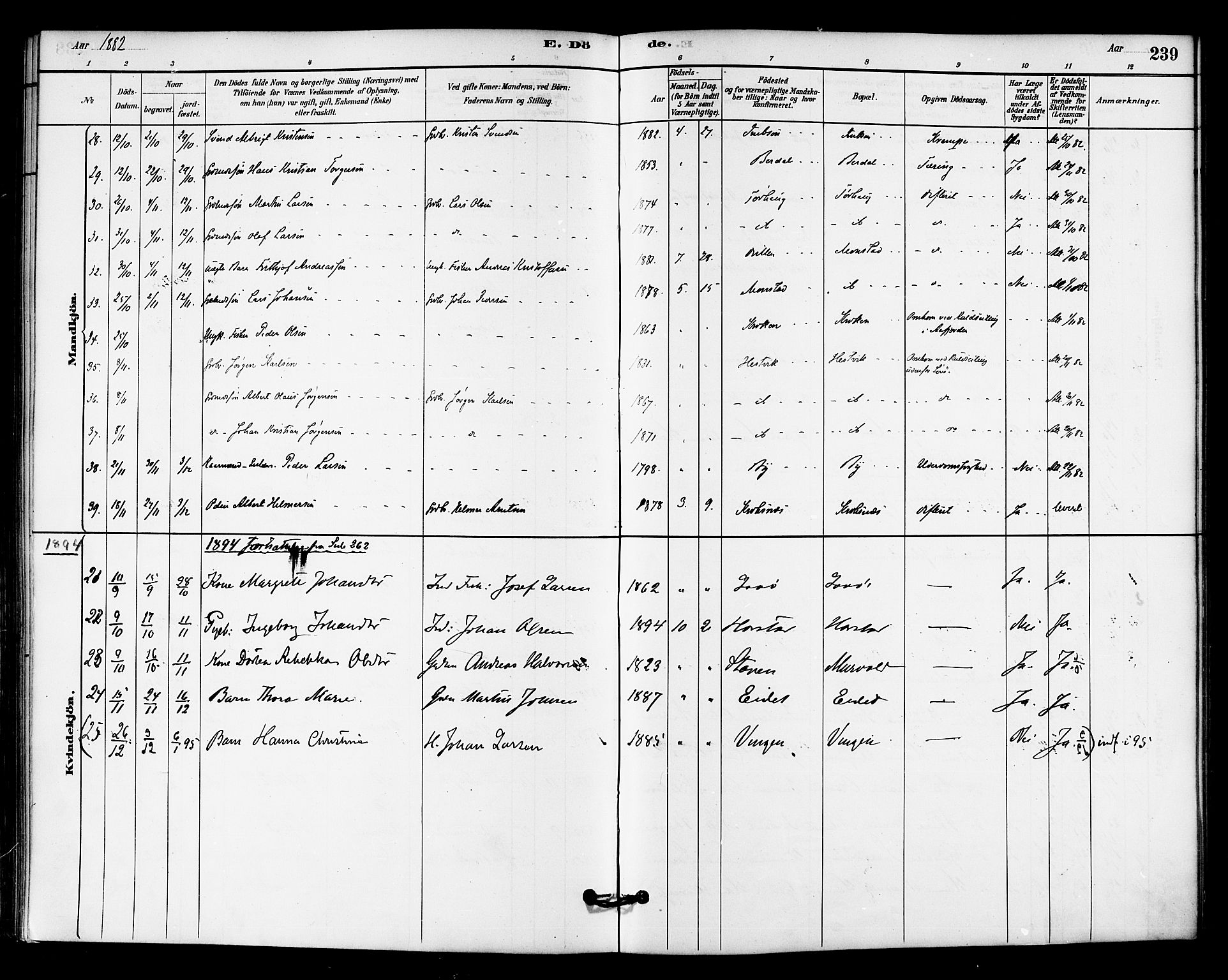 Ministerialprotokoller, klokkerbøker og fødselsregistre - Sør-Trøndelag, SAT/A-1456/655/L0680: Parish register (official) no. 655A09, 1880-1894, p. 239
