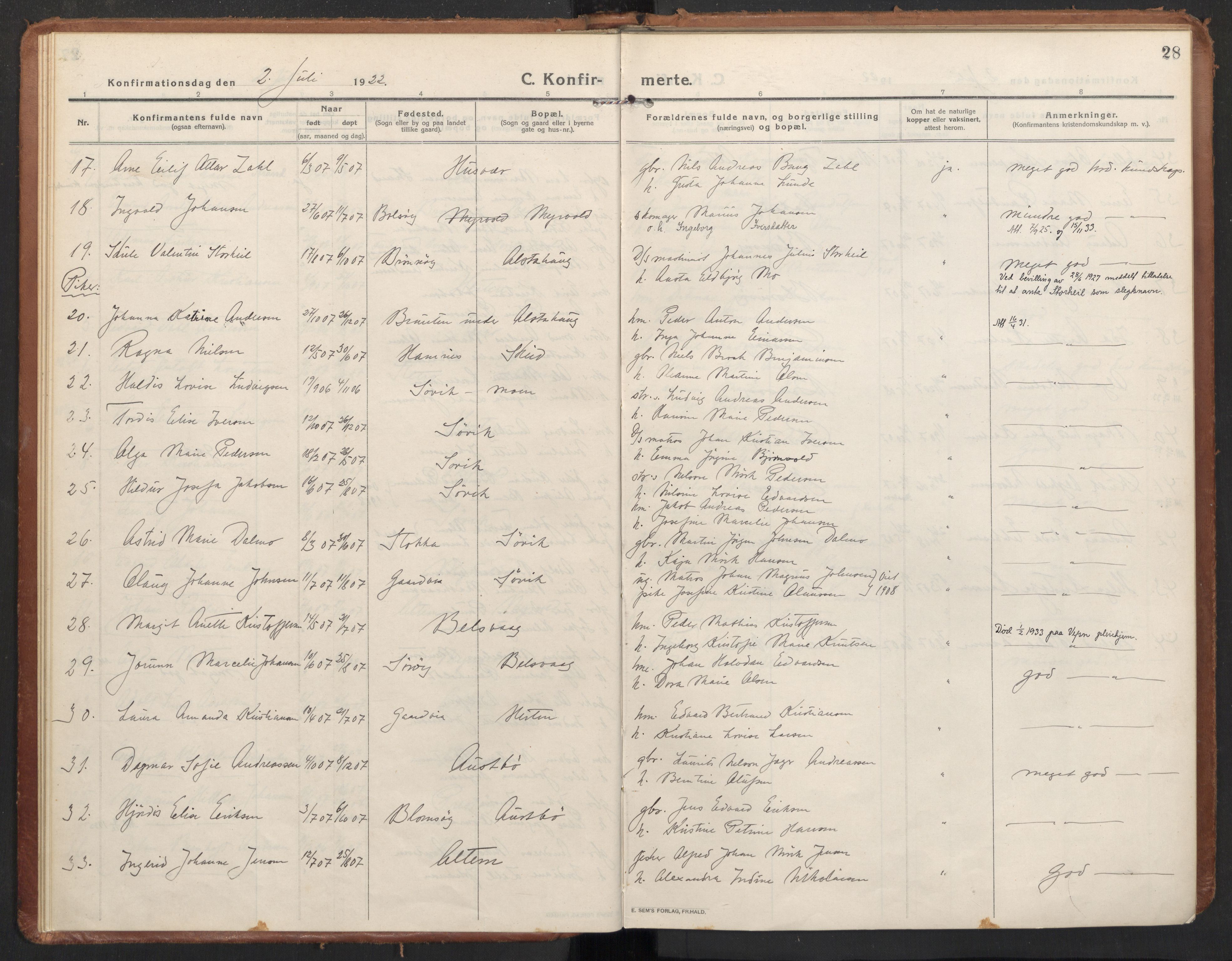 Ministerialprotokoller, klokkerbøker og fødselsregistre - Nordland, AV/SAT-A-1459/830/L0456: Parish register (official) no. 830A20, 1914-1937, p. 28