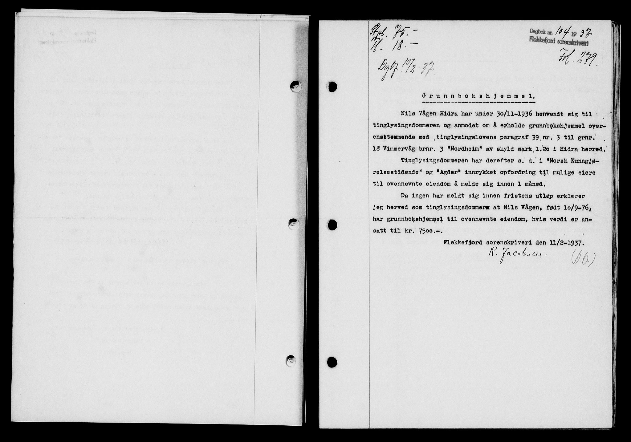 Flekkefjord sorenskriveri, SAK/1221-0001/G/Gb/Gba/L0053: Mortgage book no. A-1, 1936-1937, Diary no: : 104/1937