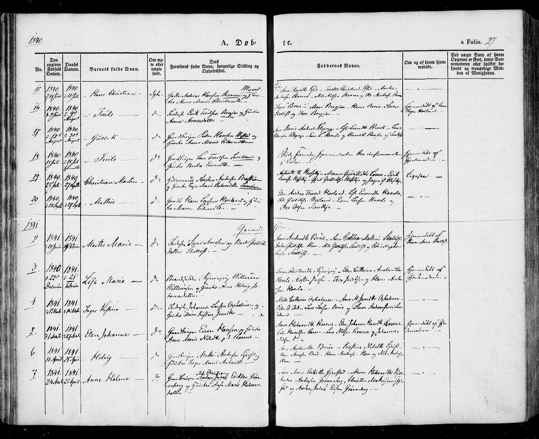 Tjølling kirkebøker, AV/SAKO-A-60/F/Fa/L0006: Parish register (official) no. 6, 1835-1859, p. 27