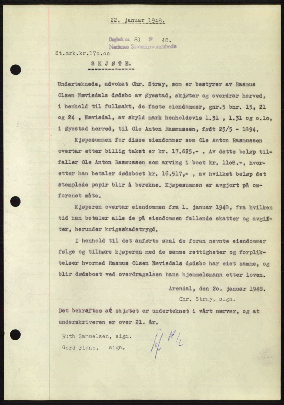 Nedenes sorenskriveri, SAK/1221-0006/G/Gb/Gba/L0058: Mortgage book no. A10, 1947-1948, Diary no: : 81/1948