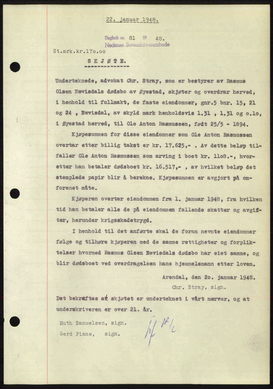 Nedenes sorenskriveri, AV/SAK-1221-0006/G/Gb/Gba/L0058: Mortgage book no. A10, 1947-1948, Diary no: : 81/1948