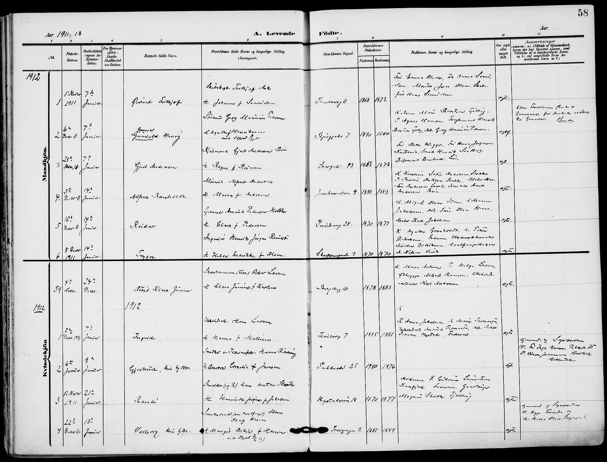 Sandefjord kirkebøker, AV/SAKO-A-315/F/Fa/L0005: Parish register (official) no. 5, 1906-1915, p. 58