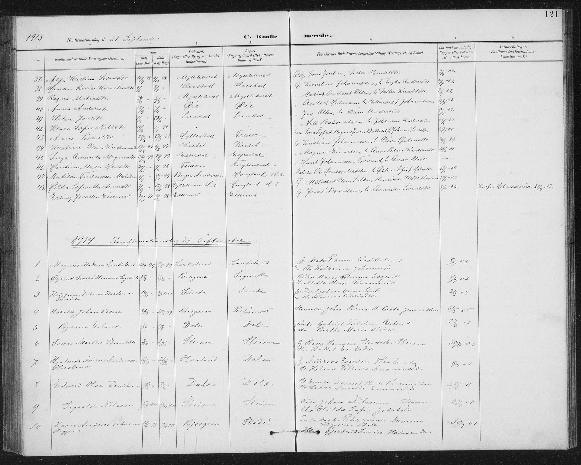 Fjaler sokneprestembete, SAB/A-79801/H/Hab/Habc/L0003: Parish register (copy) no. C 3, 1894-1917, p. 121