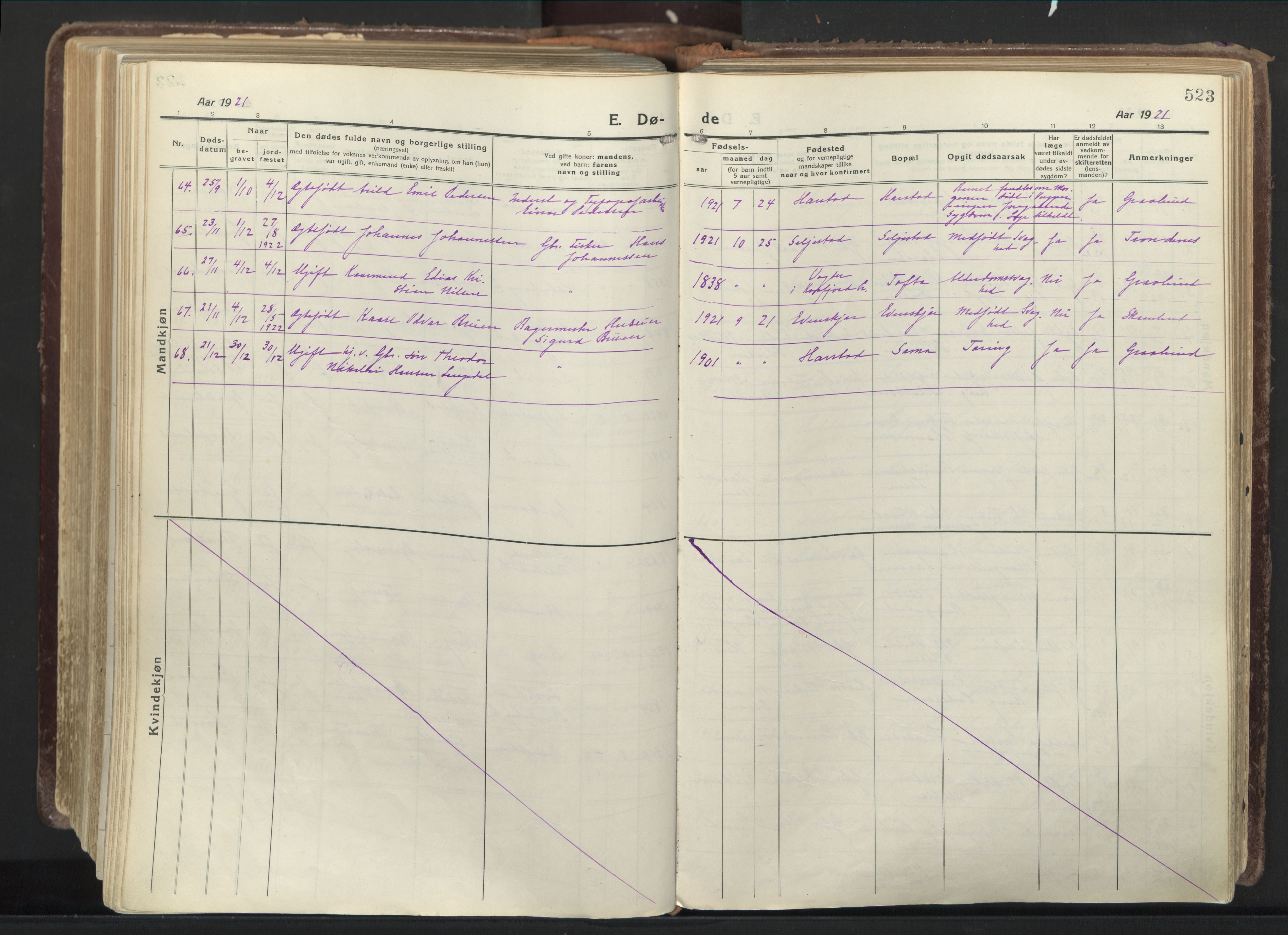 Trondenes sokneprestkontor, AV/SATØ-S-1319/H/Ha/L0019kirke: Parish register (official) no. 19, 1919-1928, p. 523