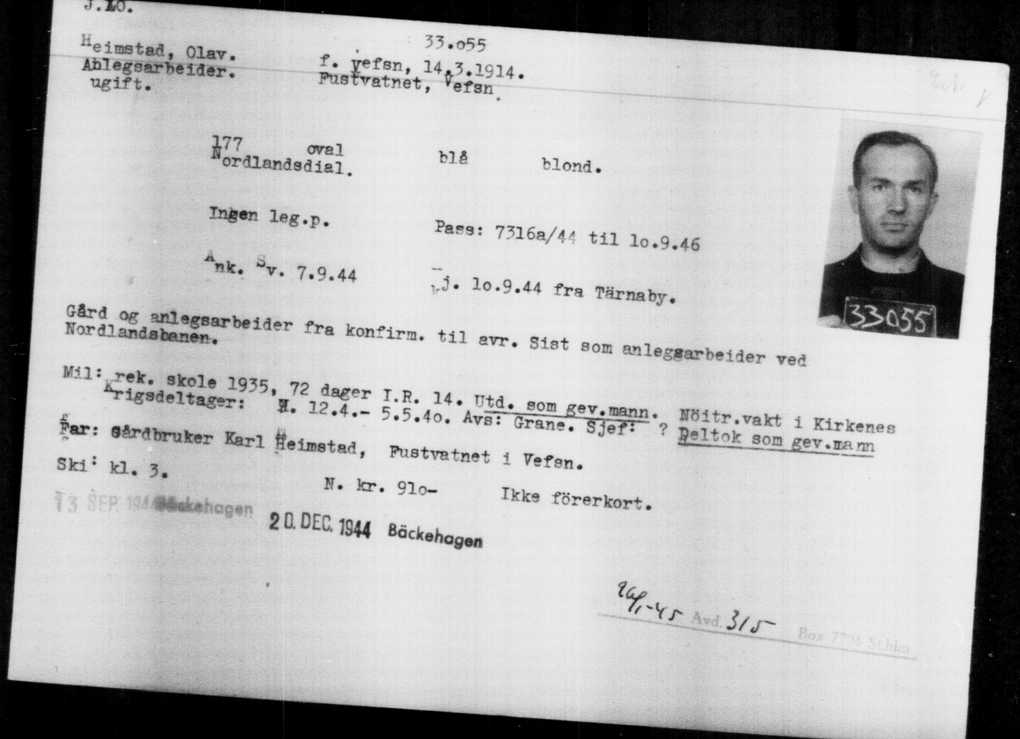Utenriksstasjonene, Legasjonen i Stockholm, Flyktningkontoret, AV/RA-S-6753/V/Va/L0013: Kjesäterkartoteket, flyktninger med registreringsnr. 31500-34731, 1940-1945, p. 1630