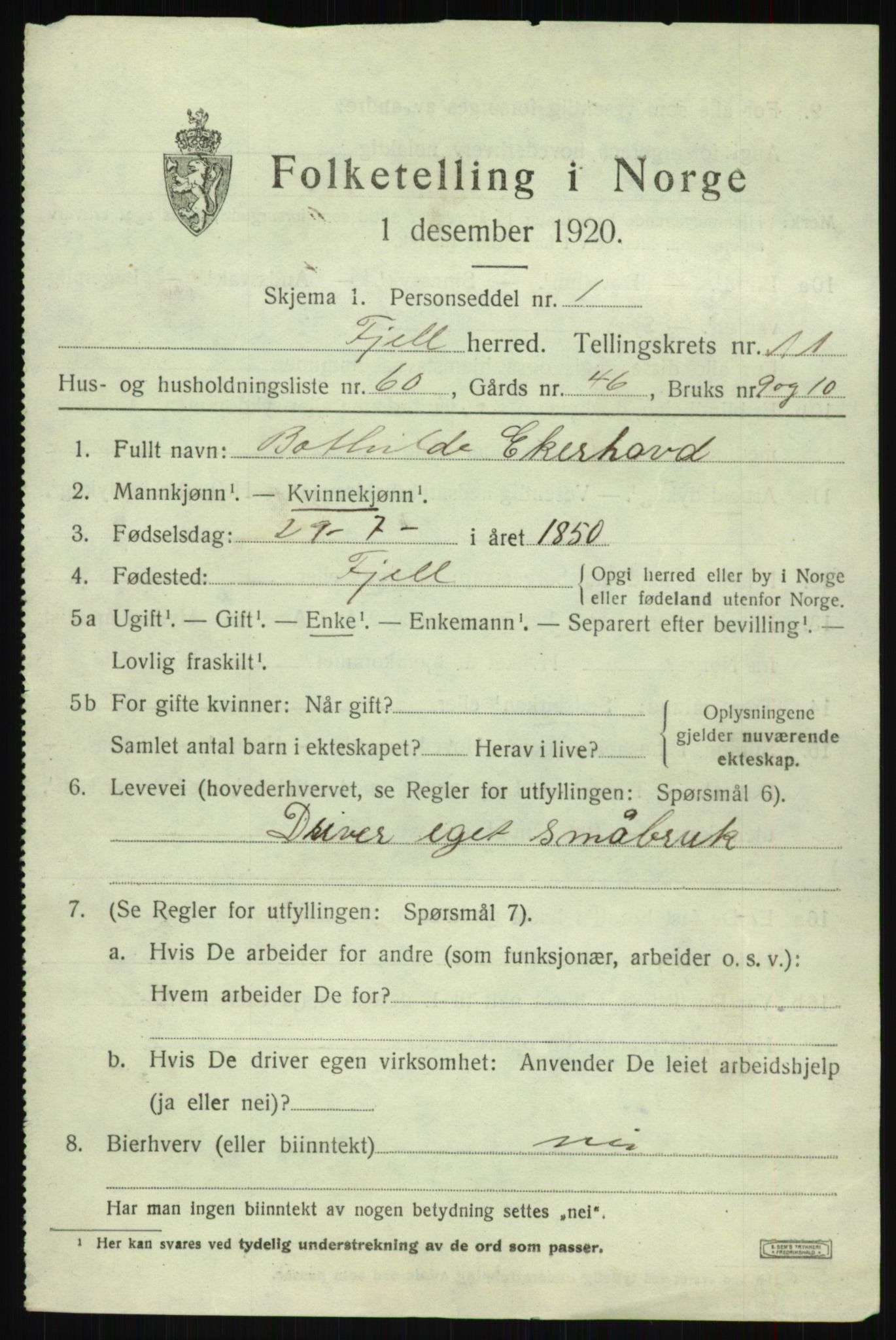 SAB, 1920 census for Fjell, 1920, p. 10616