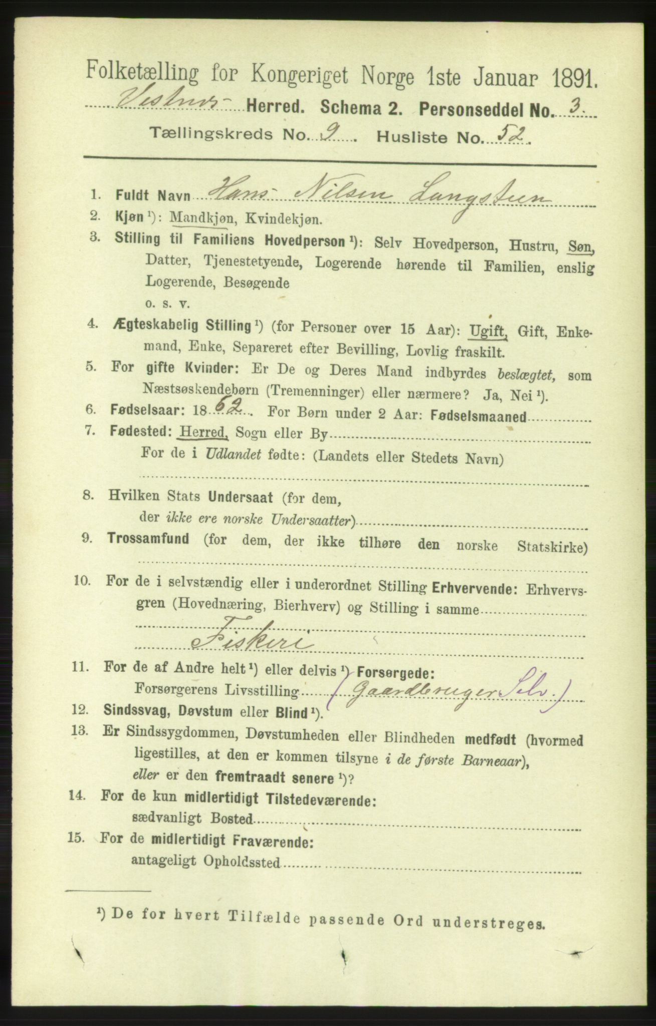 RA, 1891 census for 1535 Vestnes, 1891, p. 3639