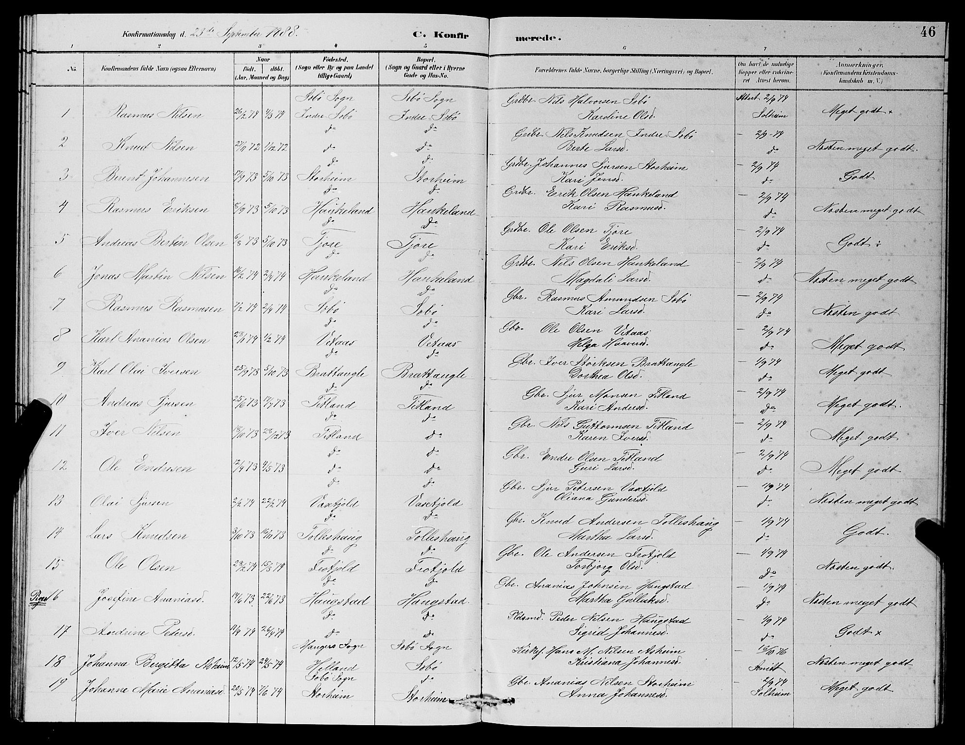 Manger sokneprestembete, SAB/A-76801/H/Hab: Parish register (copy) no. D 2, 1883-1894, p. 46