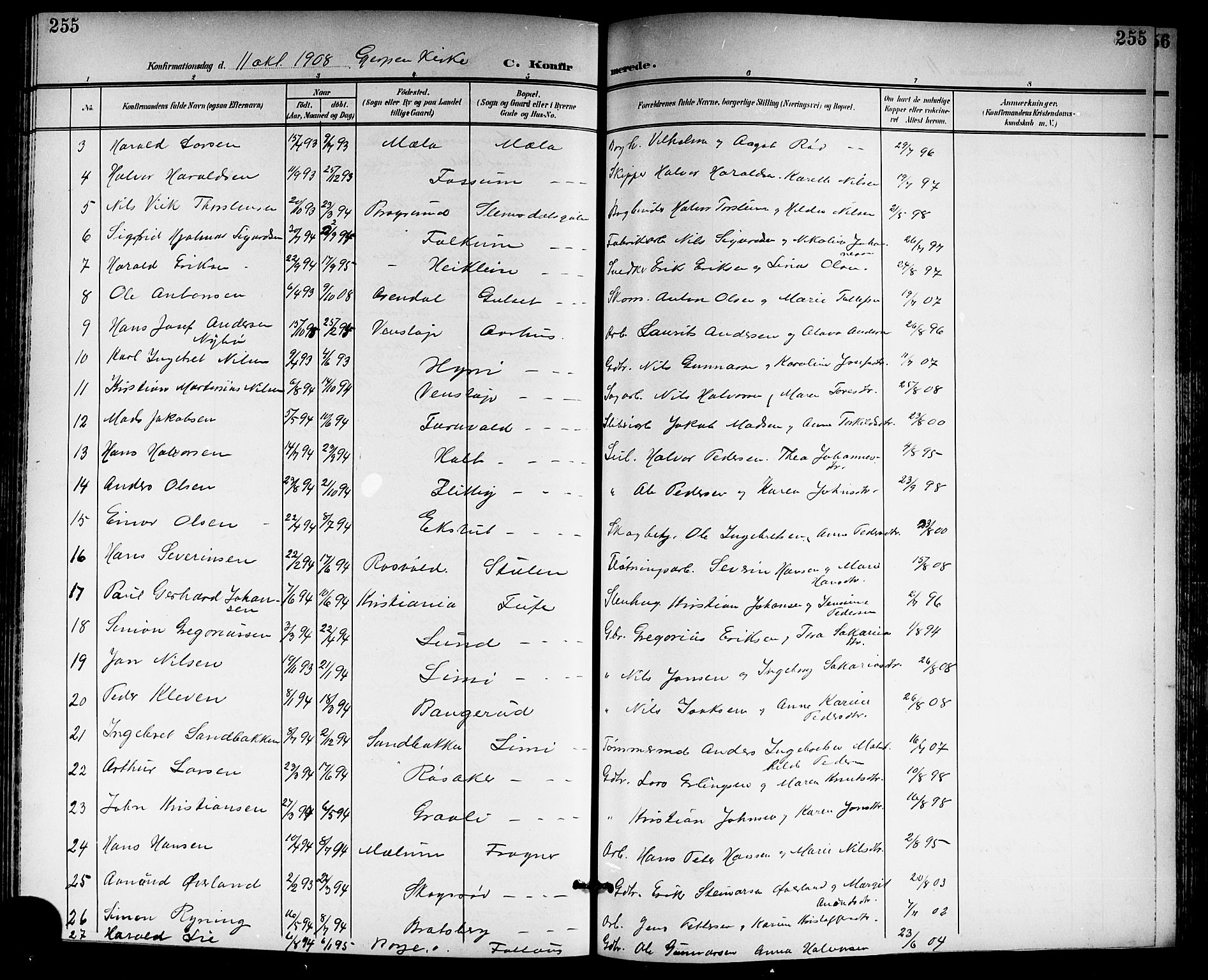 Gjerpen kirkebøker, SAKO/A-265/G/Ga/L0003: Parish register (copy) no. I 3, 1901-1919, p. 255