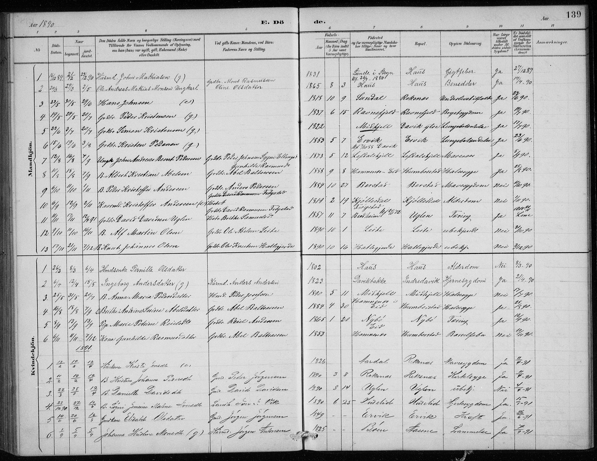 Davik sokneprestembete, AV/SAB-A-79701/H/Hab/Haba/L0002: Parish register (copy) no. A 2, 1890-1911, p. 139