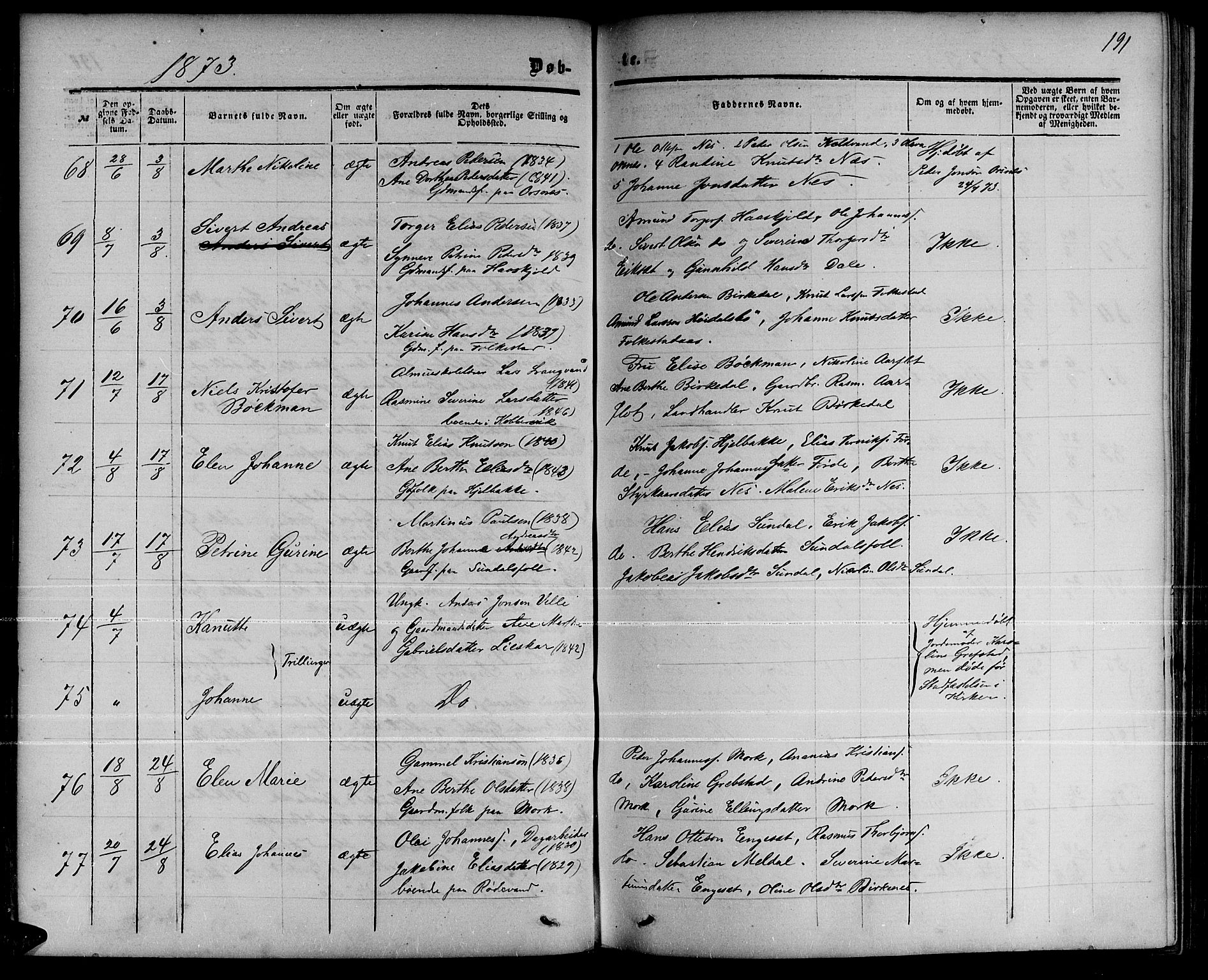 Ministerialprotokoller, klokkerbøker og fødselsregistre - Møre og Romsdal, AV/SAT-A-1454/511/L0157: Parish register (copy) no. 511C03, 1864-1884, p. 191