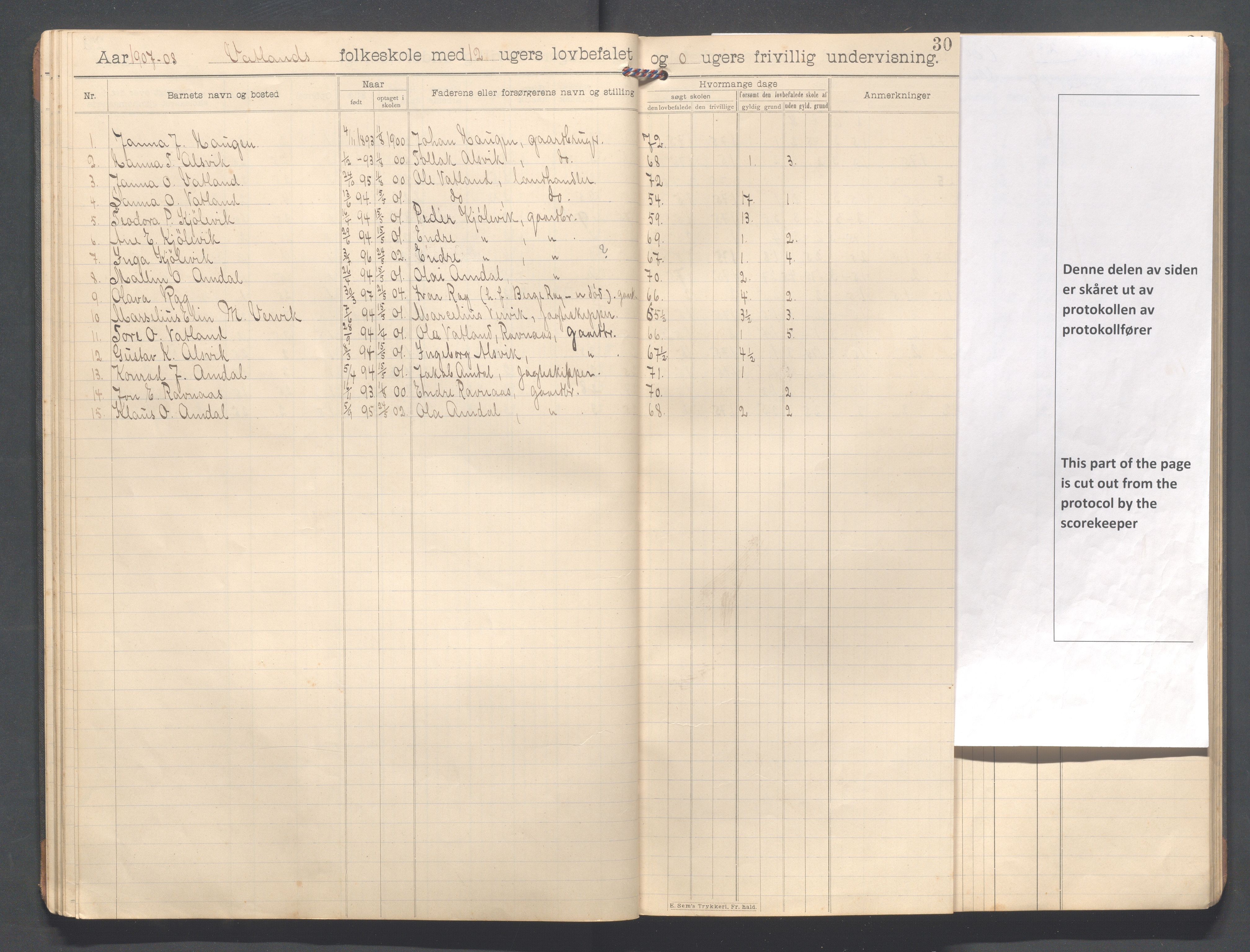 Strand kommune - Vatland skole, IKAR/A-161/H/L0002: Skoleprotokoll for Vatland , 1903-1913, p. 30