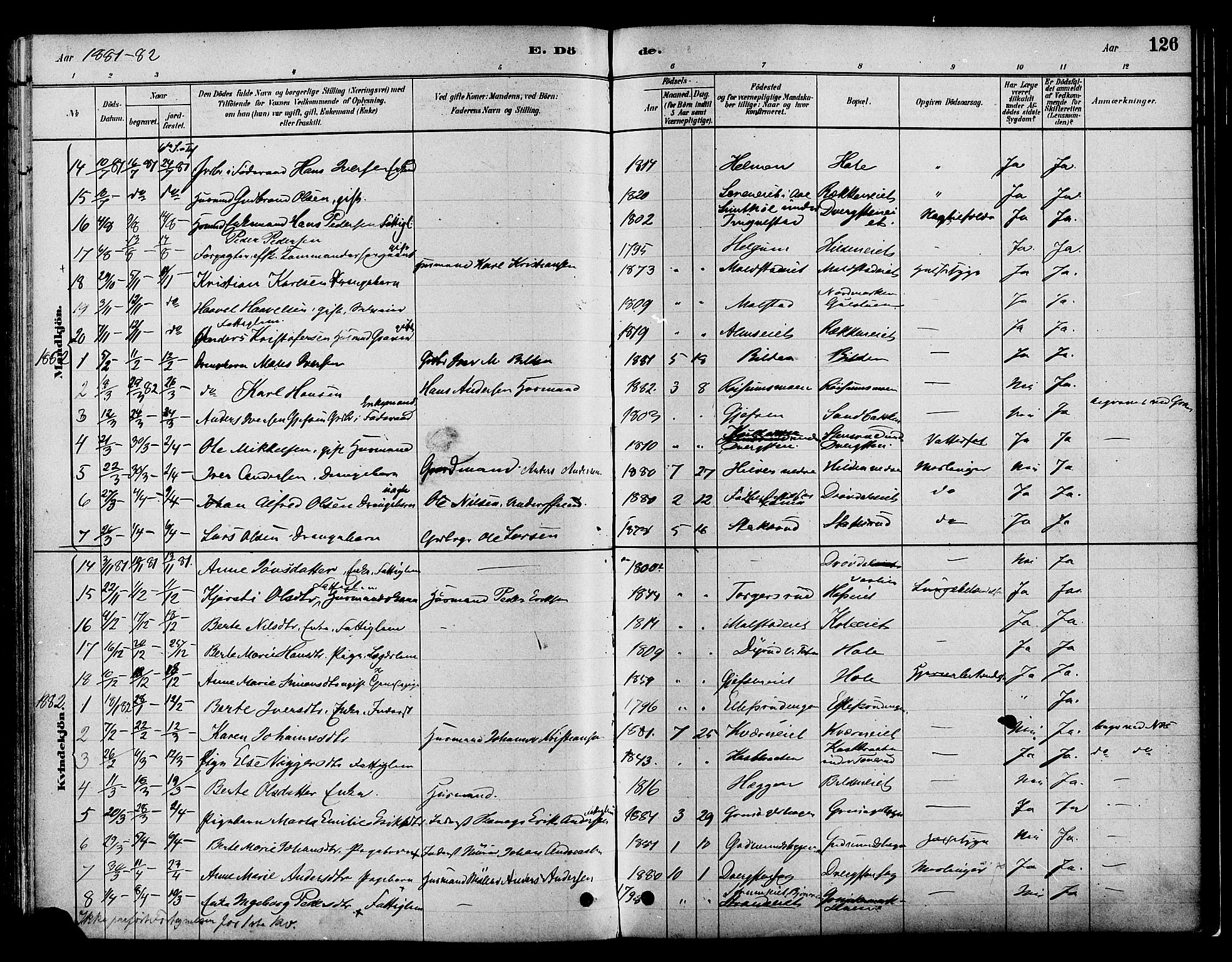 Gran prestekontor, SAH/PREST-112/H/Ha/Haa/L0016: Parish register (official) no. 16, 1880-1888, p. 126