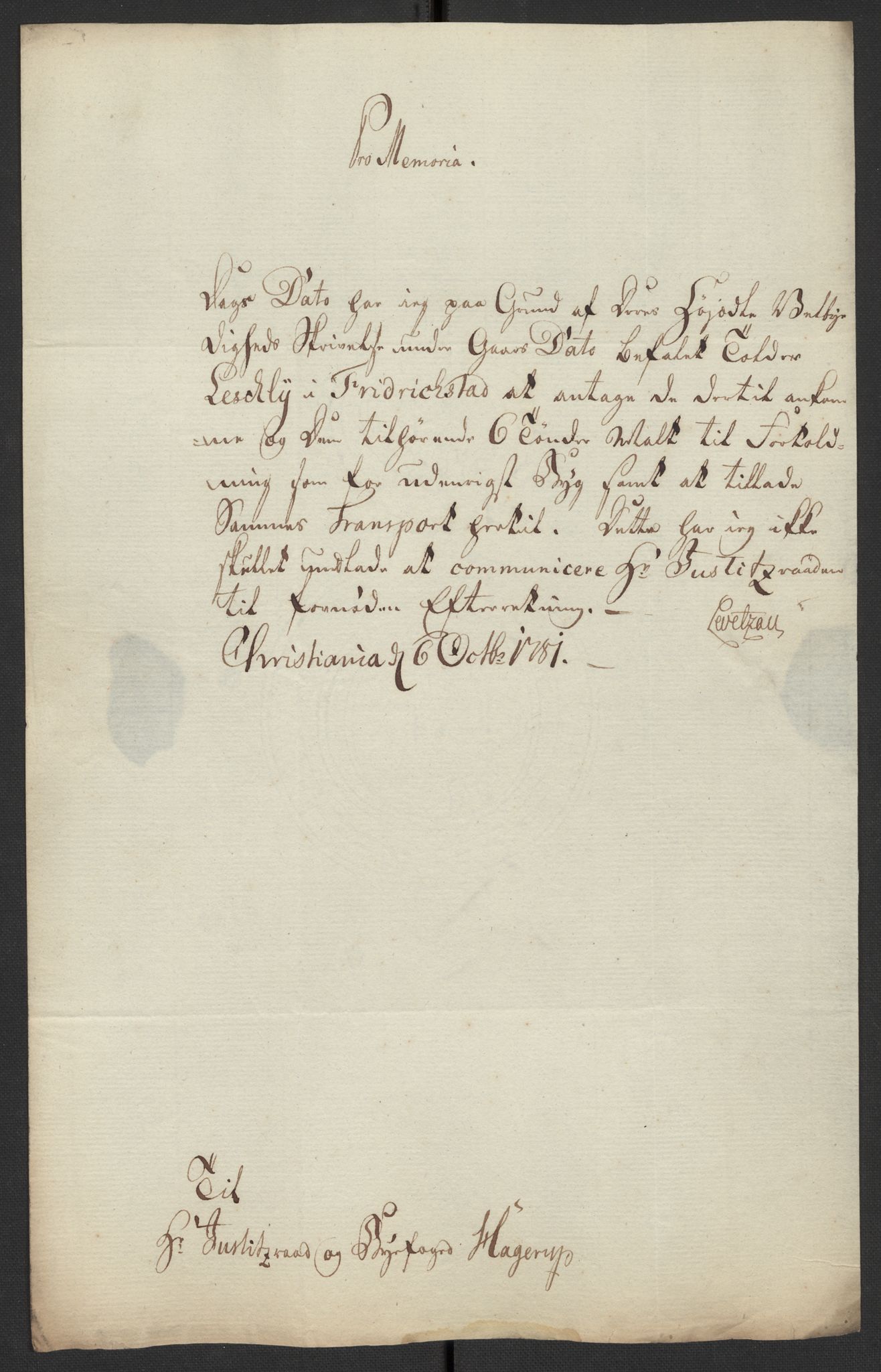 Oslo politidistrikt, AV/SAO-A-10085/D/Da/L0003: Innkomne brev, pro memoria m.v., 1781, p. 43