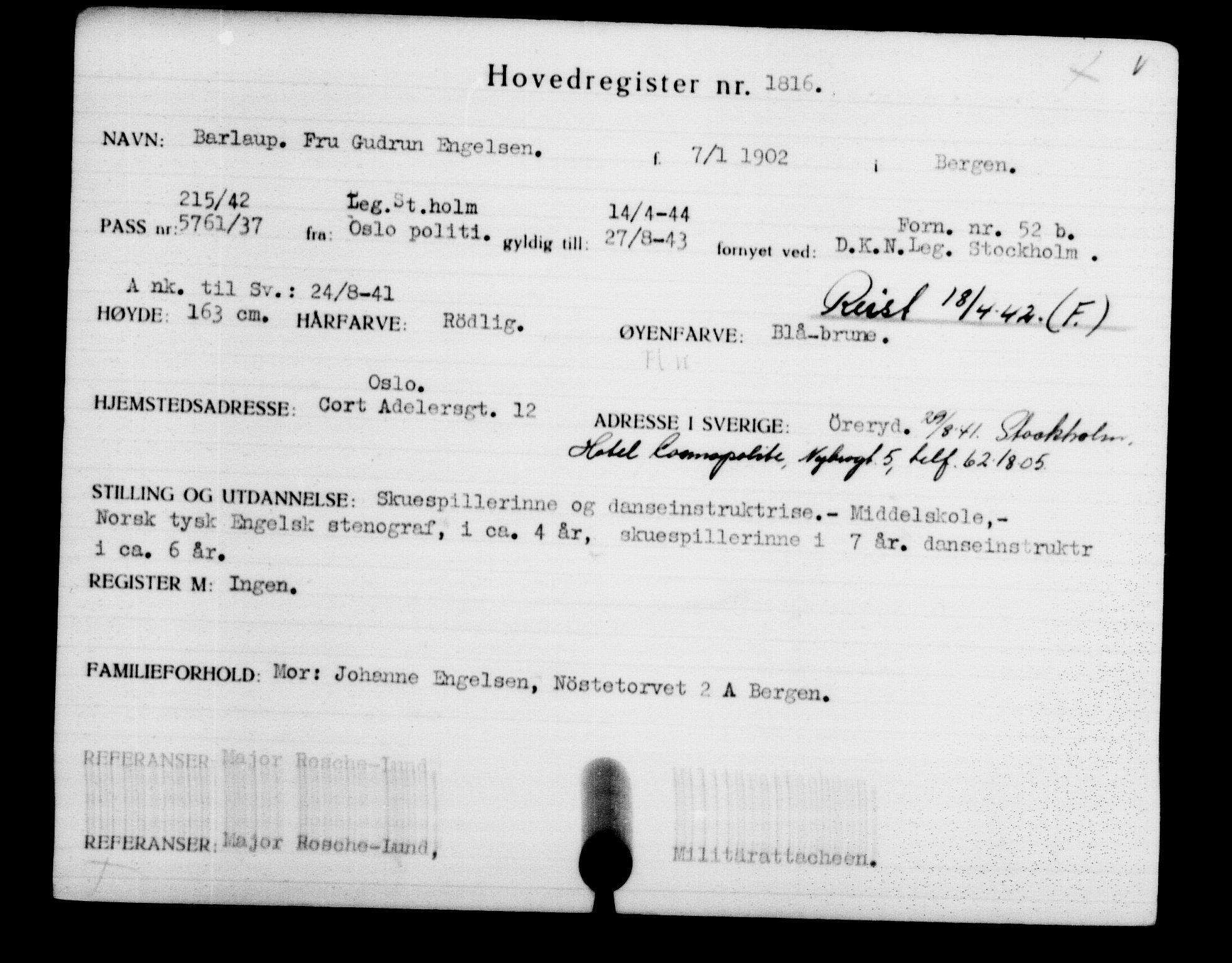 Den Kgl. Norske Legasjons Flyktningskontor, RA/S-6753/V/Va/L0002: Kjesäterkartoteket.  Flyktningenr. 1001-2000, 1940-1945, p. 1167