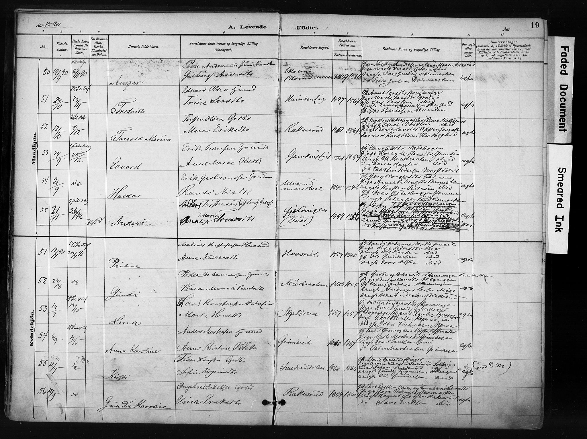 Gran prestekontor, SAH/PREST-112/H/Ha/Haa/L0017: Parish register (official) no. 17, 1889-1897, p. 19