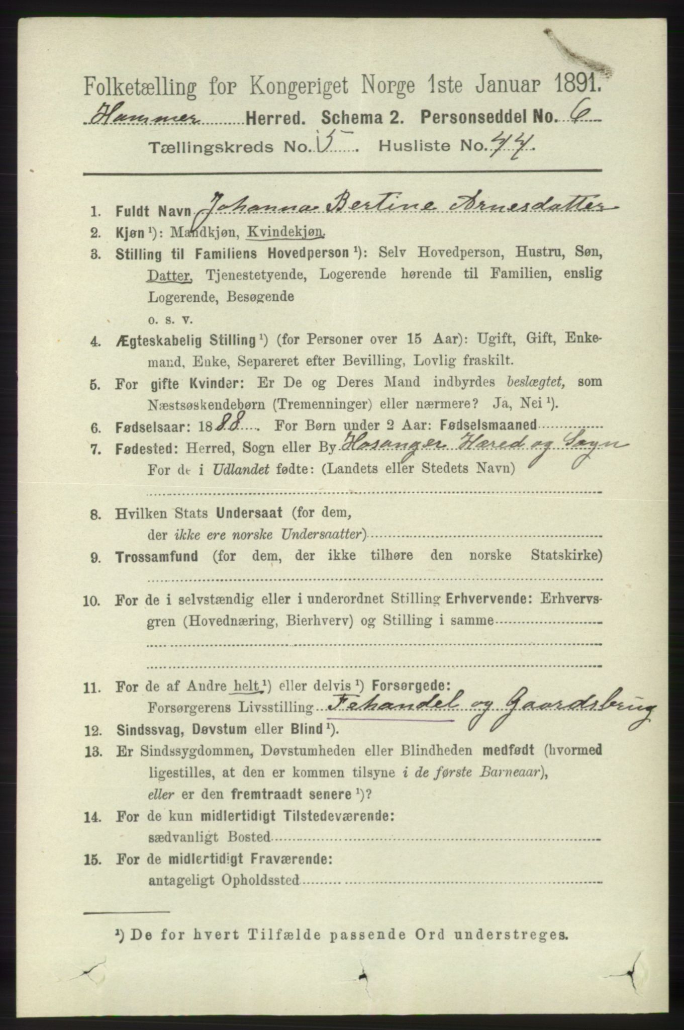 RA, 1891 census for 1254 Hamre, 1891, p. 1516