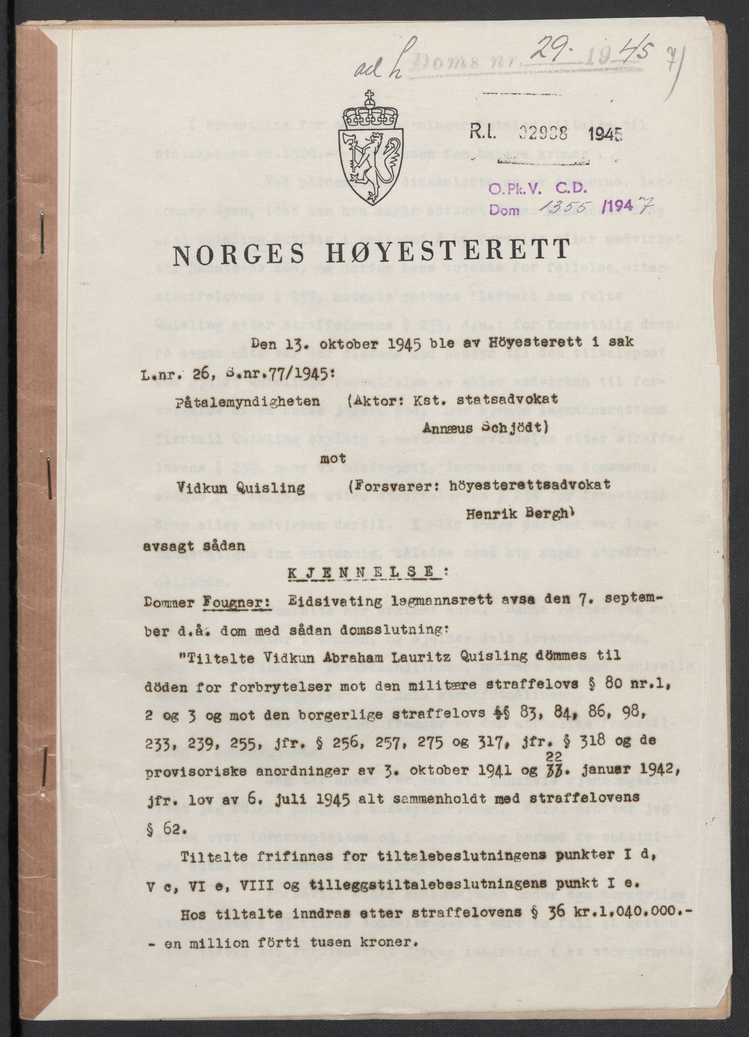 Landssvikarkivet, Oslo politikammer, AV/RA-S-3138-01/D/Da/L0003: Dnr. 29, 1945, p. 3590