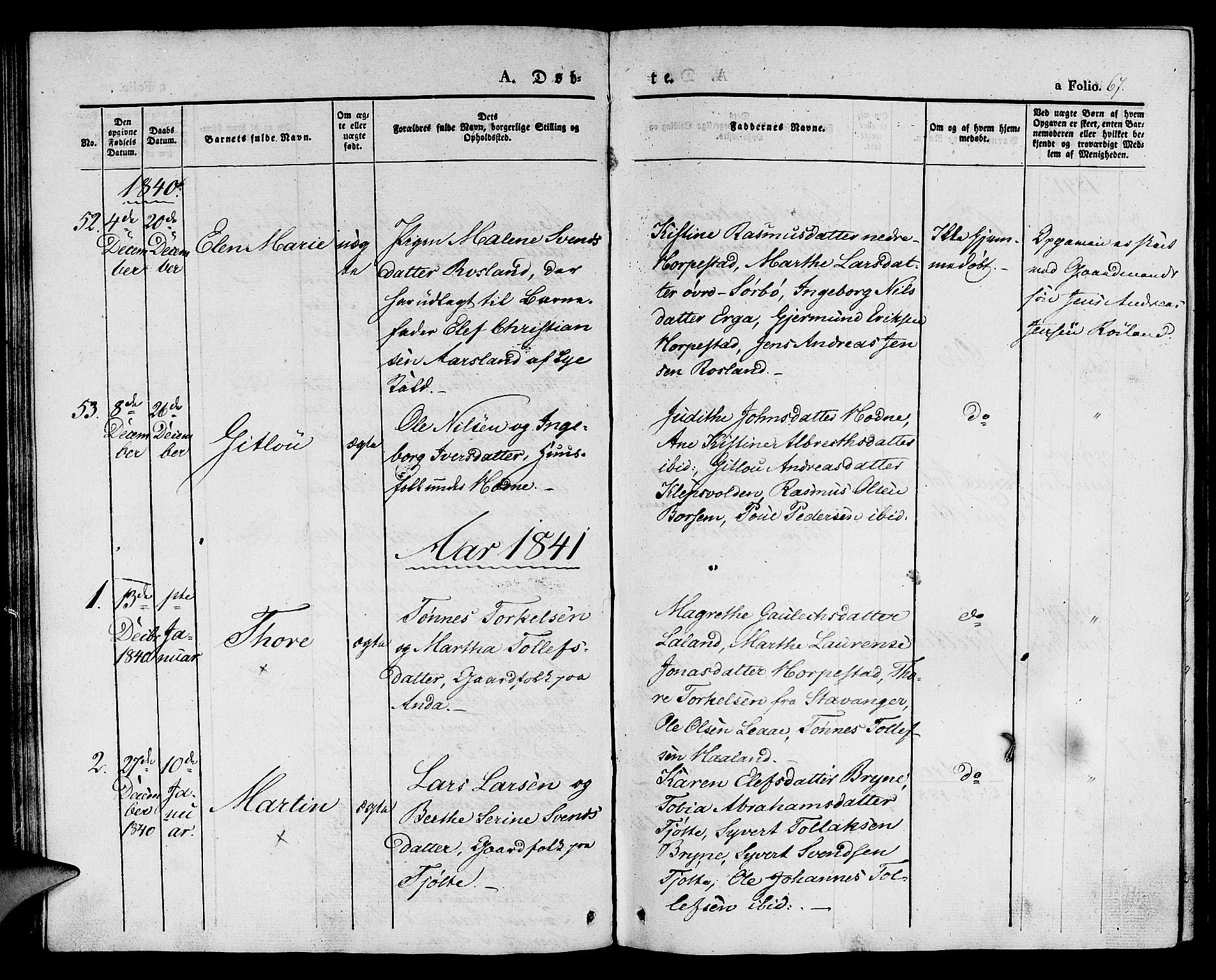 Klepp sokneprestkontor, SAST/A-101803/001/3/30BA/L0003: Parish register (official) no. A 3, 1833-1842, p. 67