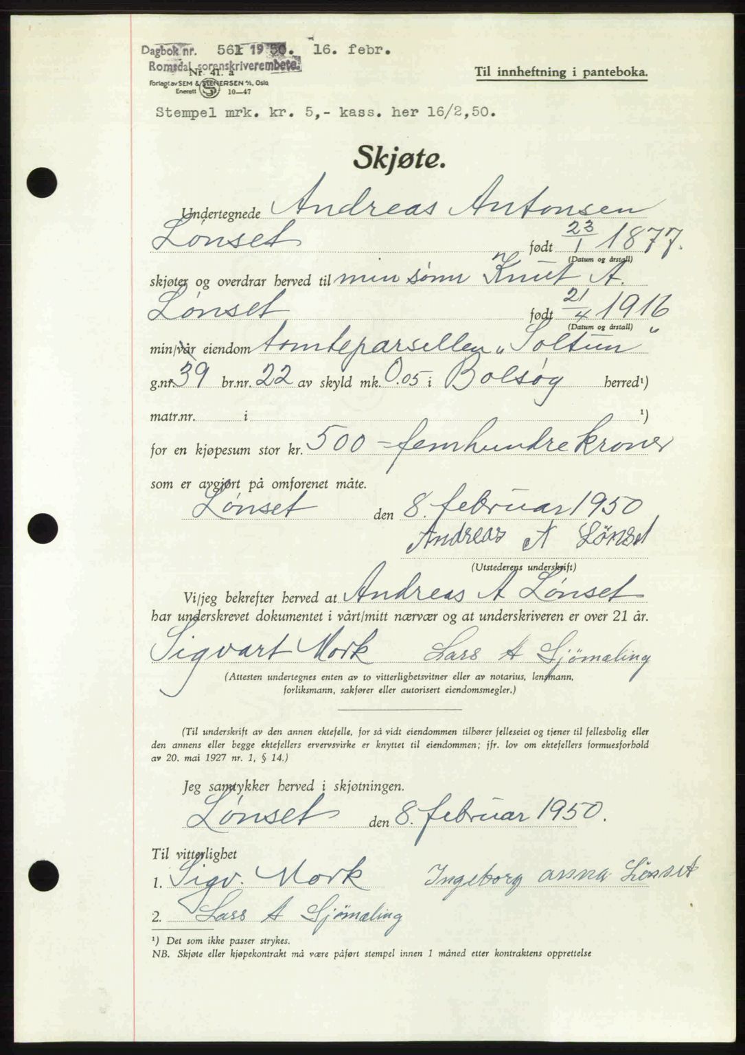 Romsdal sorenskriveri, AV/SAT-A-4149/1/2/2C: Mortgage book no. A32, 1950-1950, Diary no: : 561/1950