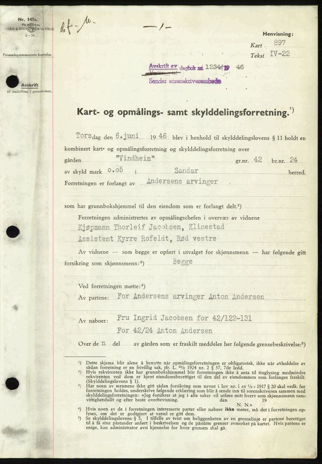 Sandar sorenskriveri, SAKO/A-86/G/Ga/Gaa/L0013: Mortgage book no. A-13, 1946-1946, Diary no: : 1234/1946
