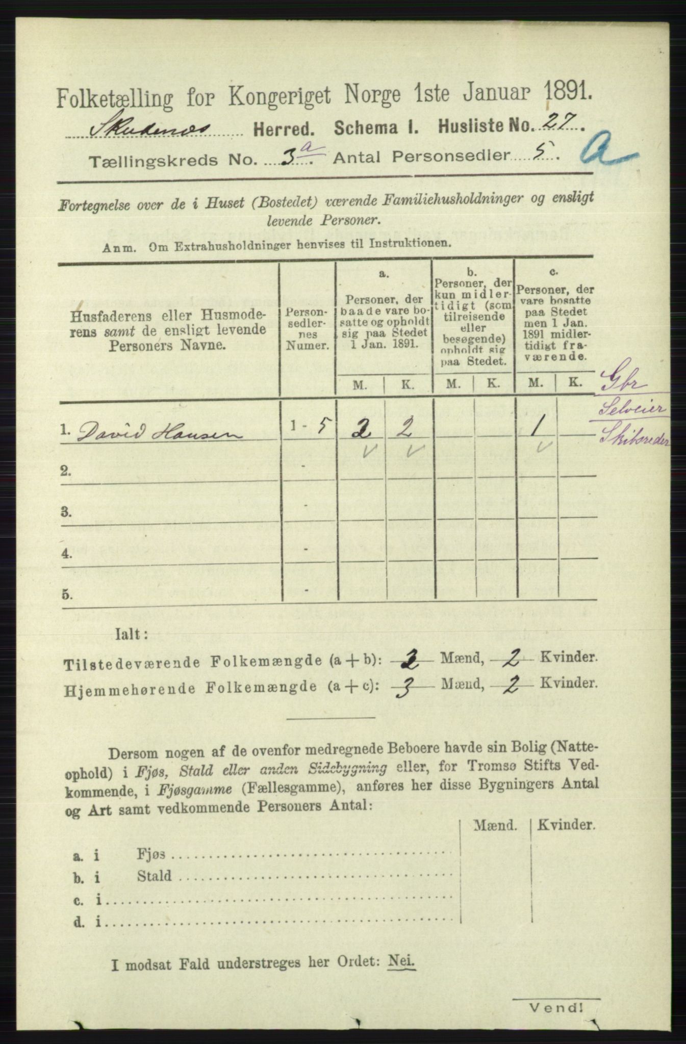 RA, 1891 census for 1150 Skudenes, 1891, p. 1357