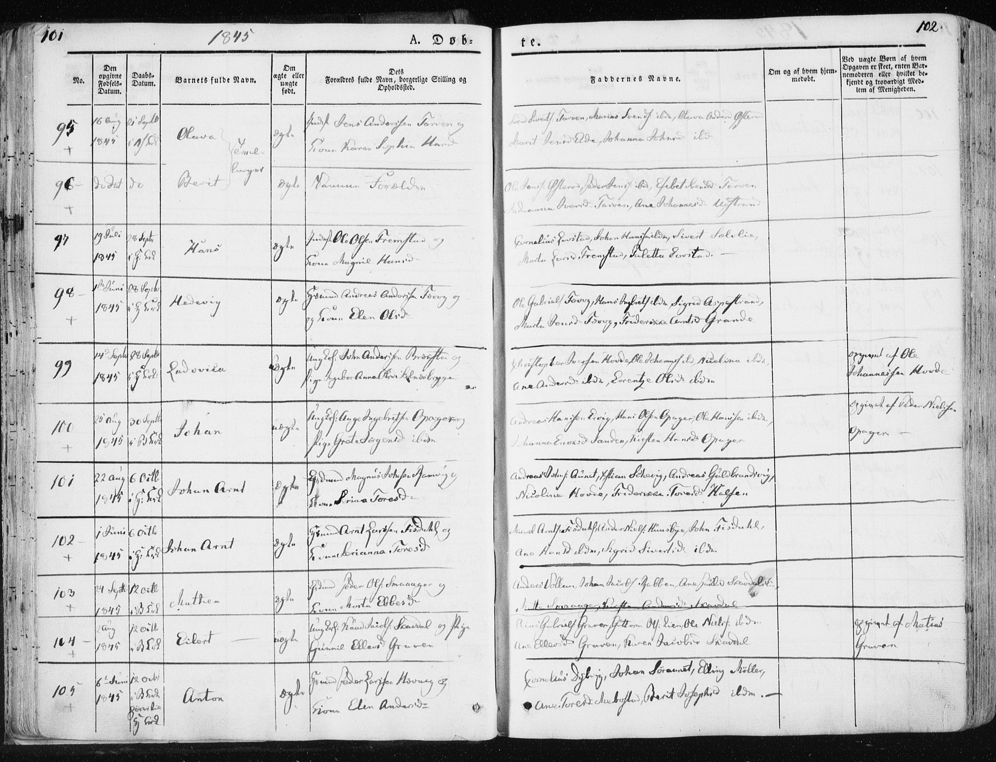 Ministerialprotokoller, klokkerbøker og fødselsregistre - Sør-Trøndelag, SAT/A-1456/659/L0736: Parish register (official) no. 659A06, 1842-1856, p. 101-102