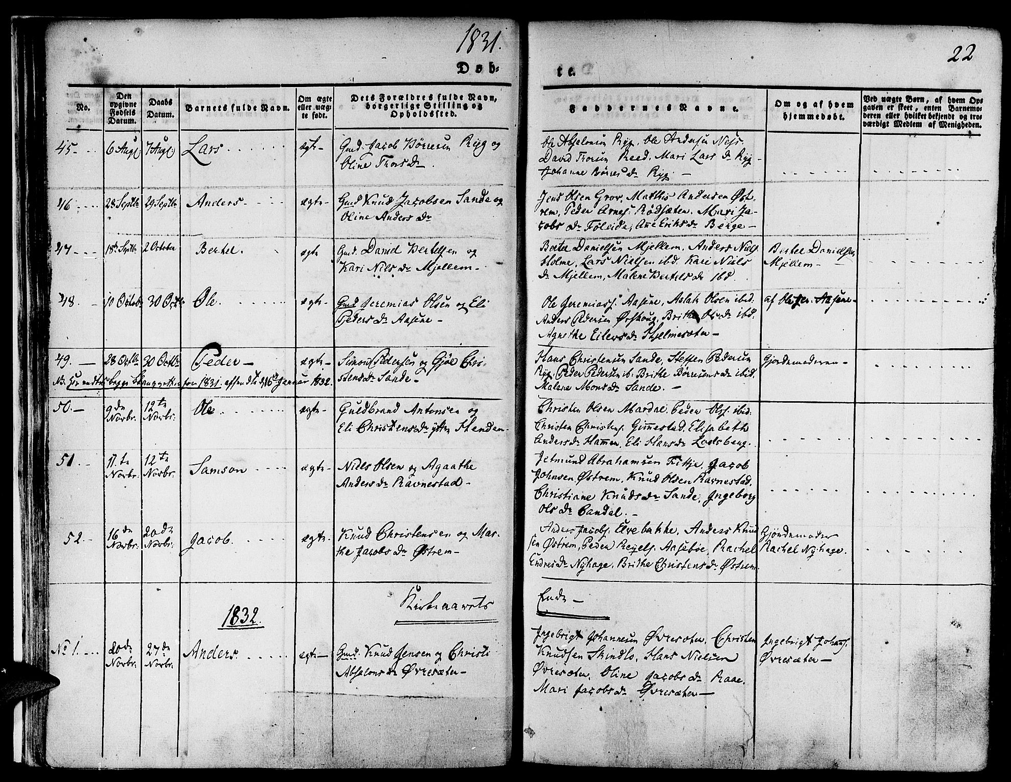 Gloppen sokneprestembete, AV/SAB-A-80101/H/Haa/Haaa/L0007: Parish register (official) no. A 7, 1827-1837, p. 22