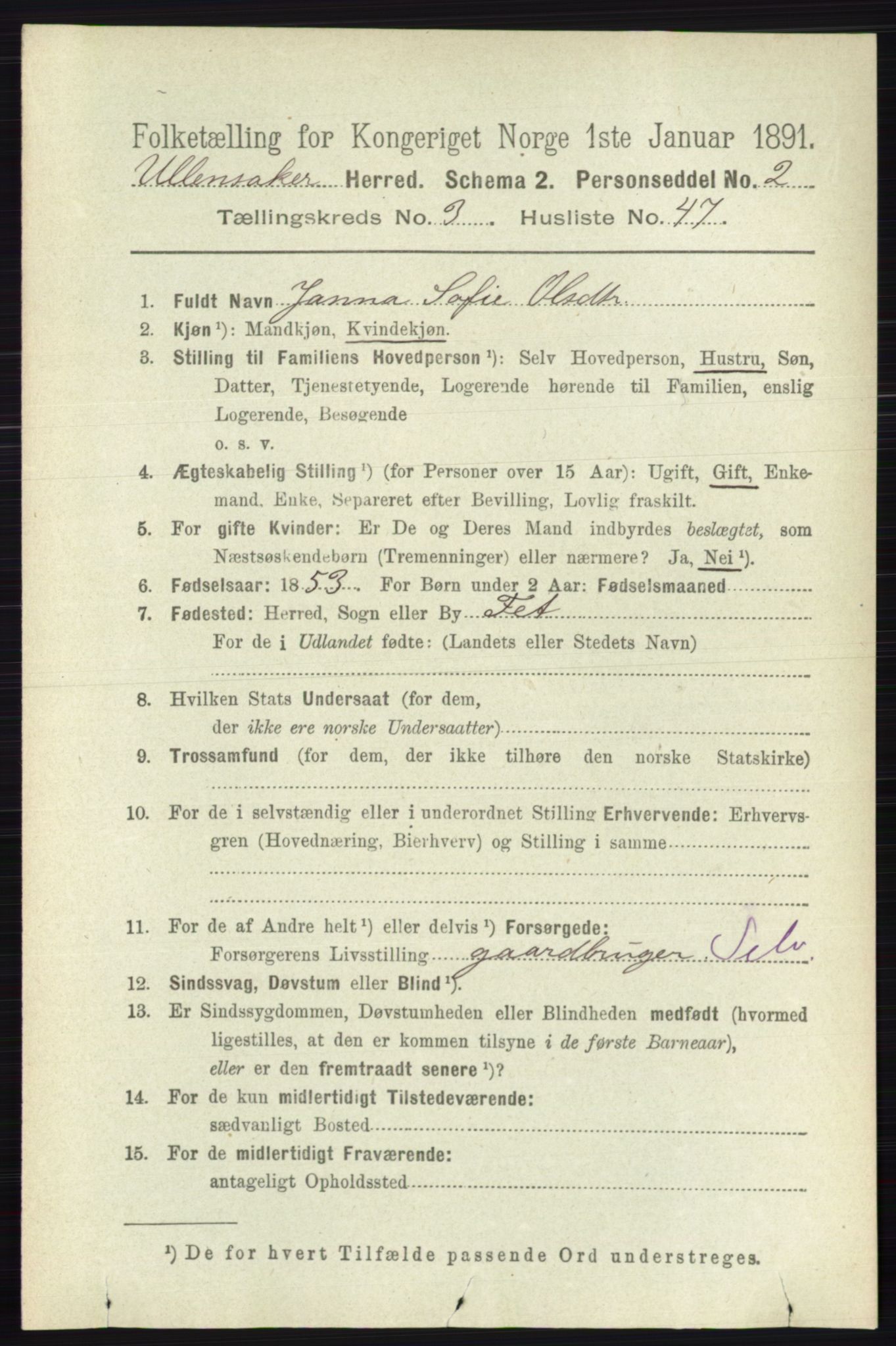 RA, 1891 census for 0235 Ullensaker, 1891, p. 1393