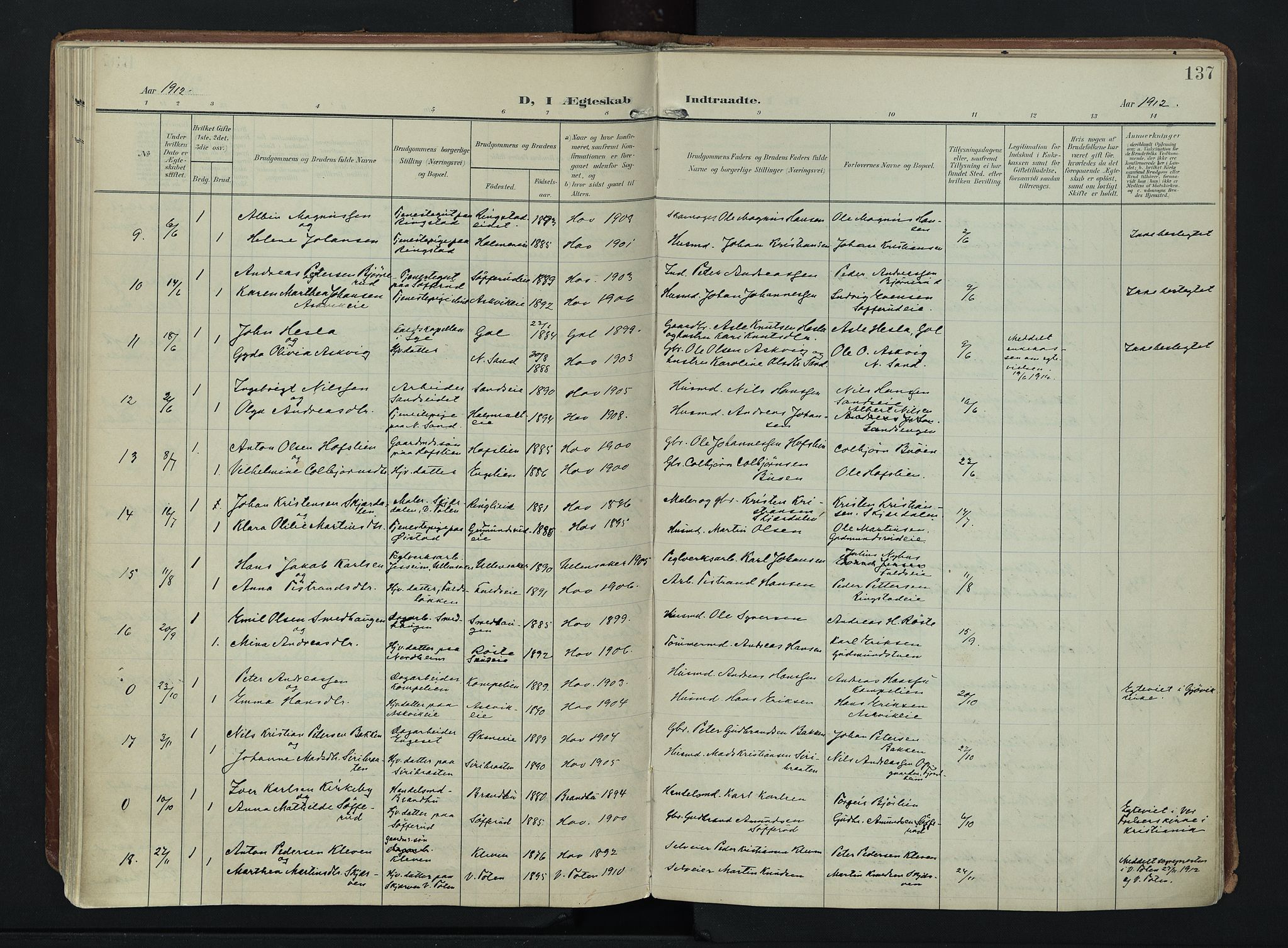 Søndre Land prestekontor, SAH/PREST-122/K/L0007: Parish register (official) no. 7, 1905-1914, p. 137