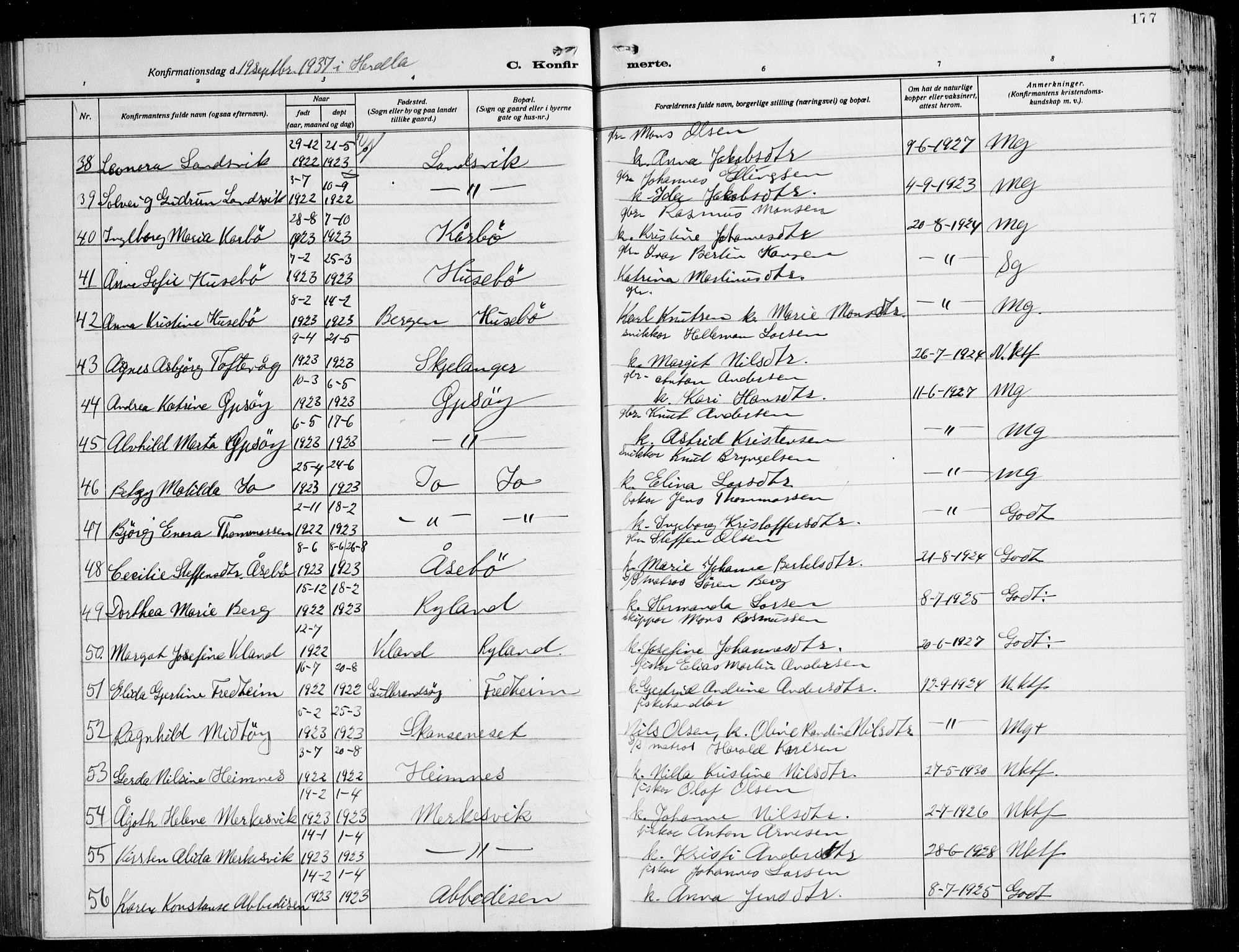 Herdla Sokneprestembete, AV/SAB-A-75701/H/Hab: Parish register (copy) no. C 3, 1926-1940, p. 177
