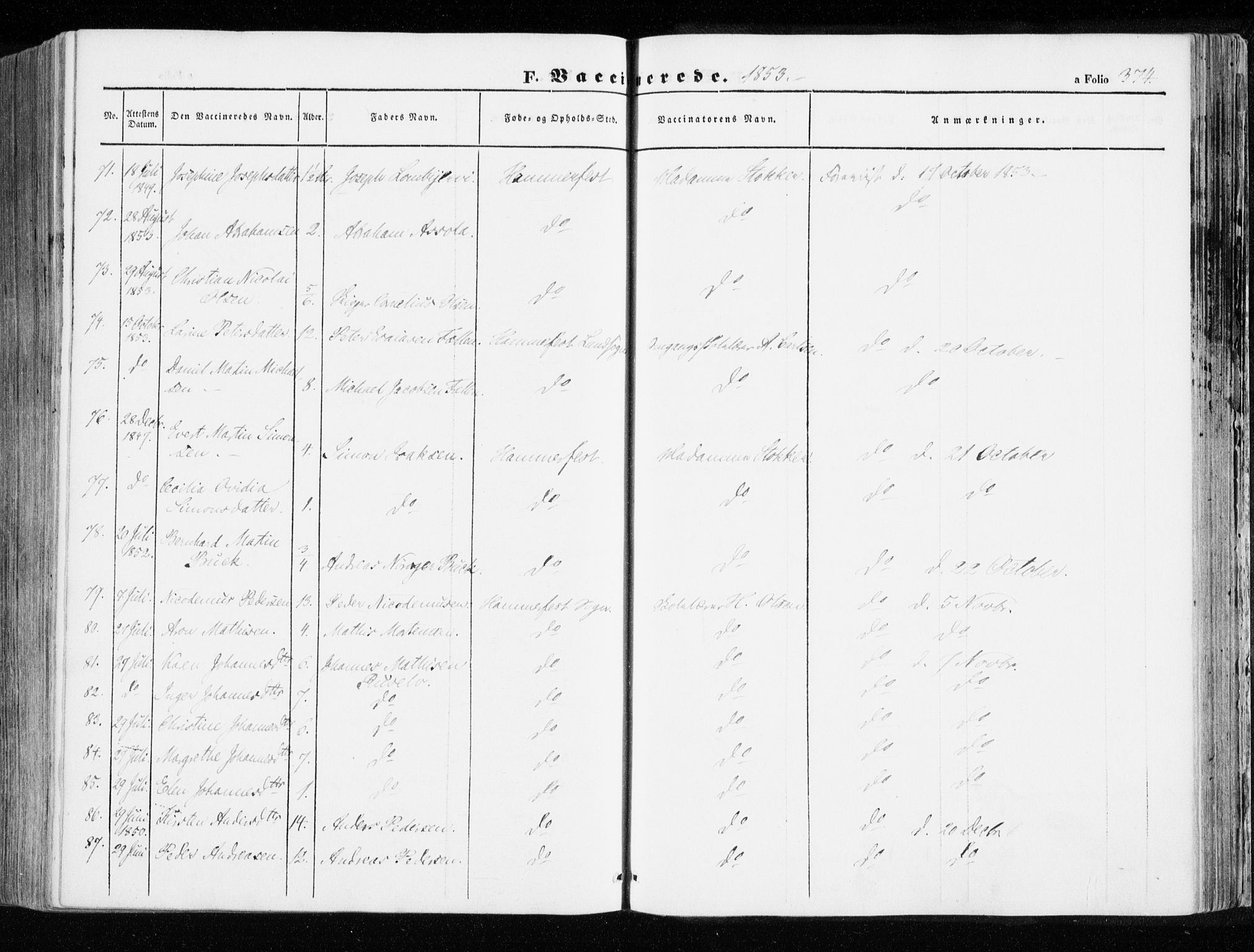 Hammerfest sokneprestkontor, AV/SATØ-S-1347/H/Ha/L0004.kirke: Parish register (official) no. 4, 1843-1856, p. 374