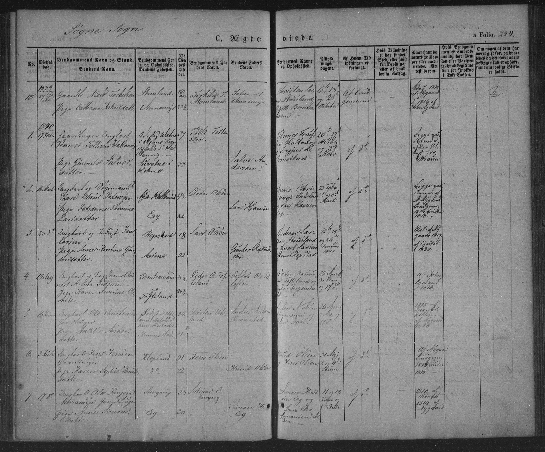 Søgne sokneprestkontor, AV/SAK-1111-0037/F/Fa/Fab/L0009: Parish register (official) no. A 9, 1838-1853, p. 224