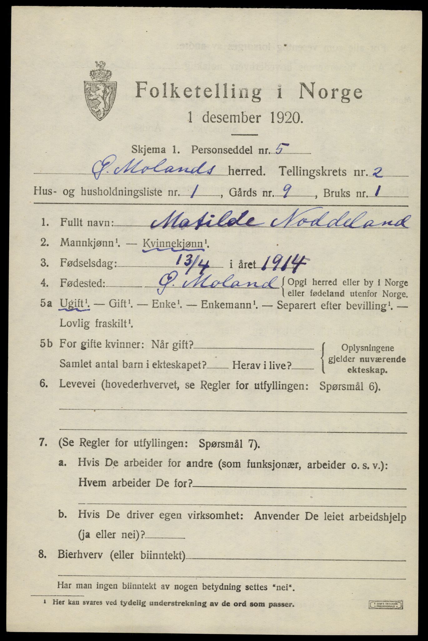 SAK, 1920 census for Austre Moland, 1920, p. 1253