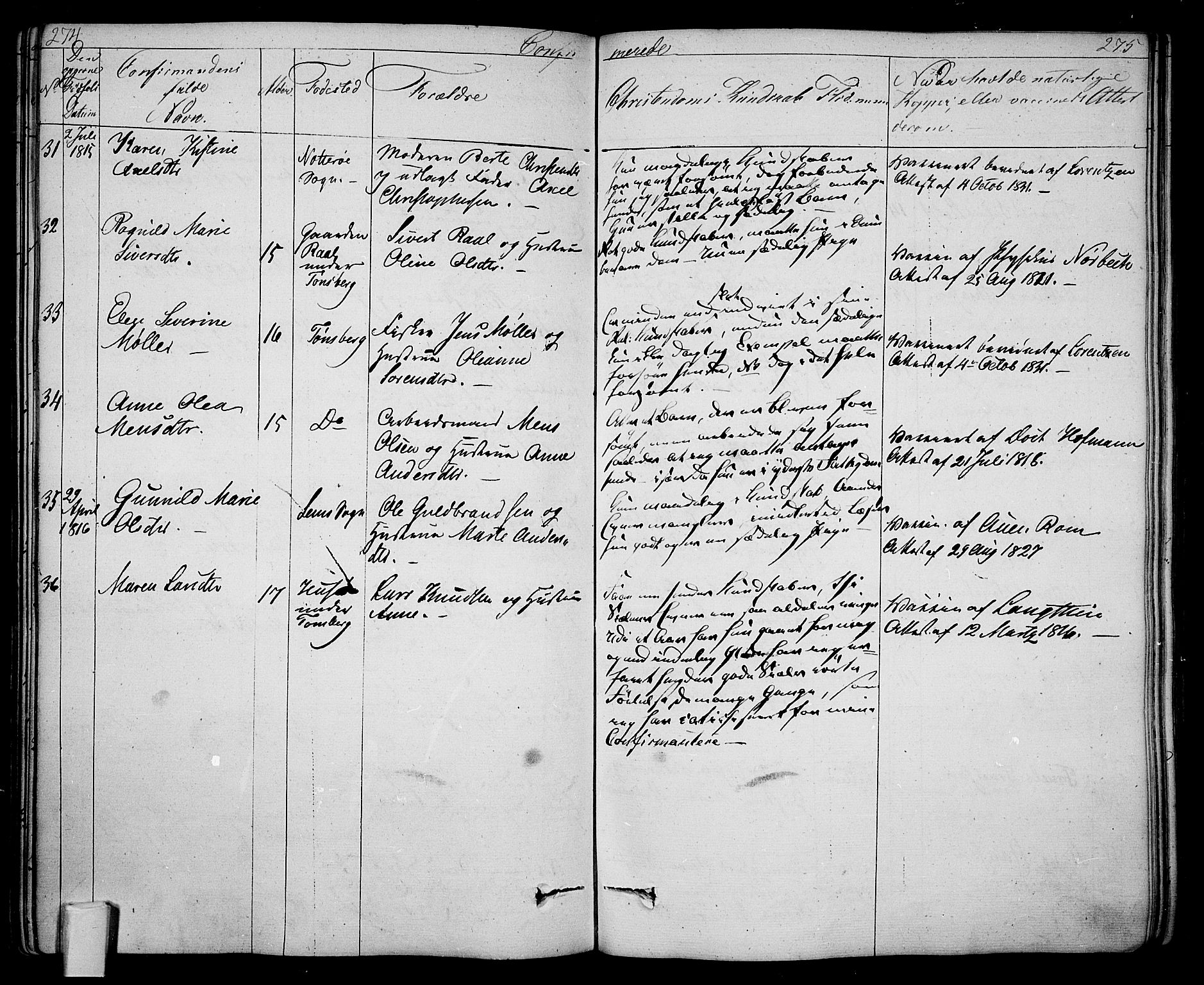 Tønsberg kirkebøker, AV/SAKO-A-330/F/Fa/L0005: Parish register (official) no. I 5, 1827-1836, p. 274-275