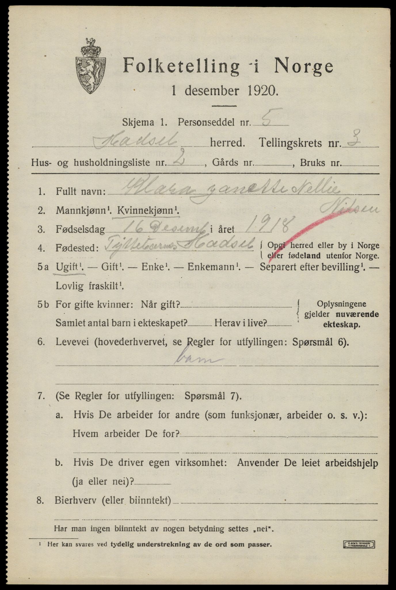 SAT, 1920 census for Hadsel, 1920, p. 5078