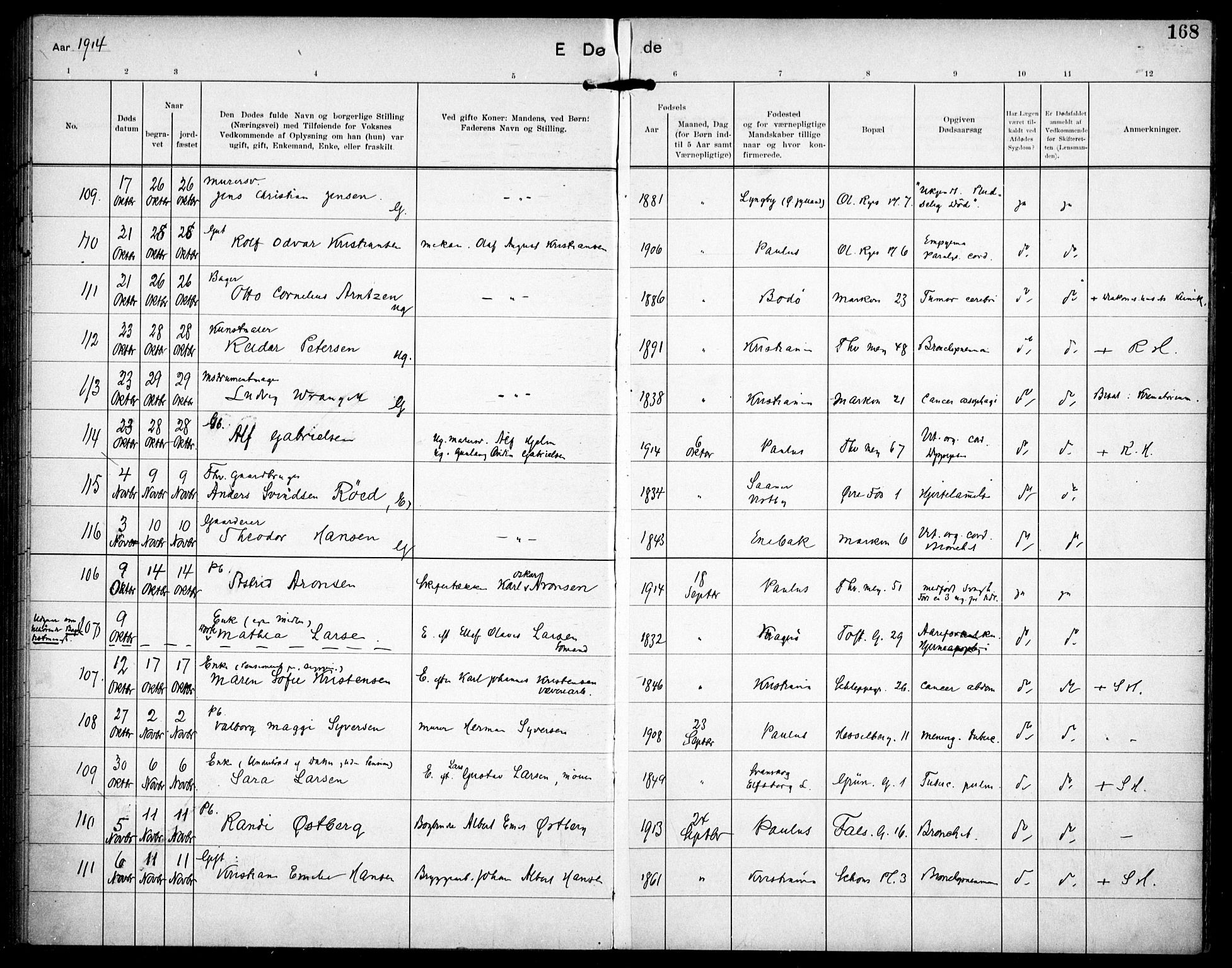 Paulus prestekontor Kirkebøker, AV/SAO-A-10871/F/Fa/L0018: Parish register (official) no. 18, 1906-1915, p. 168