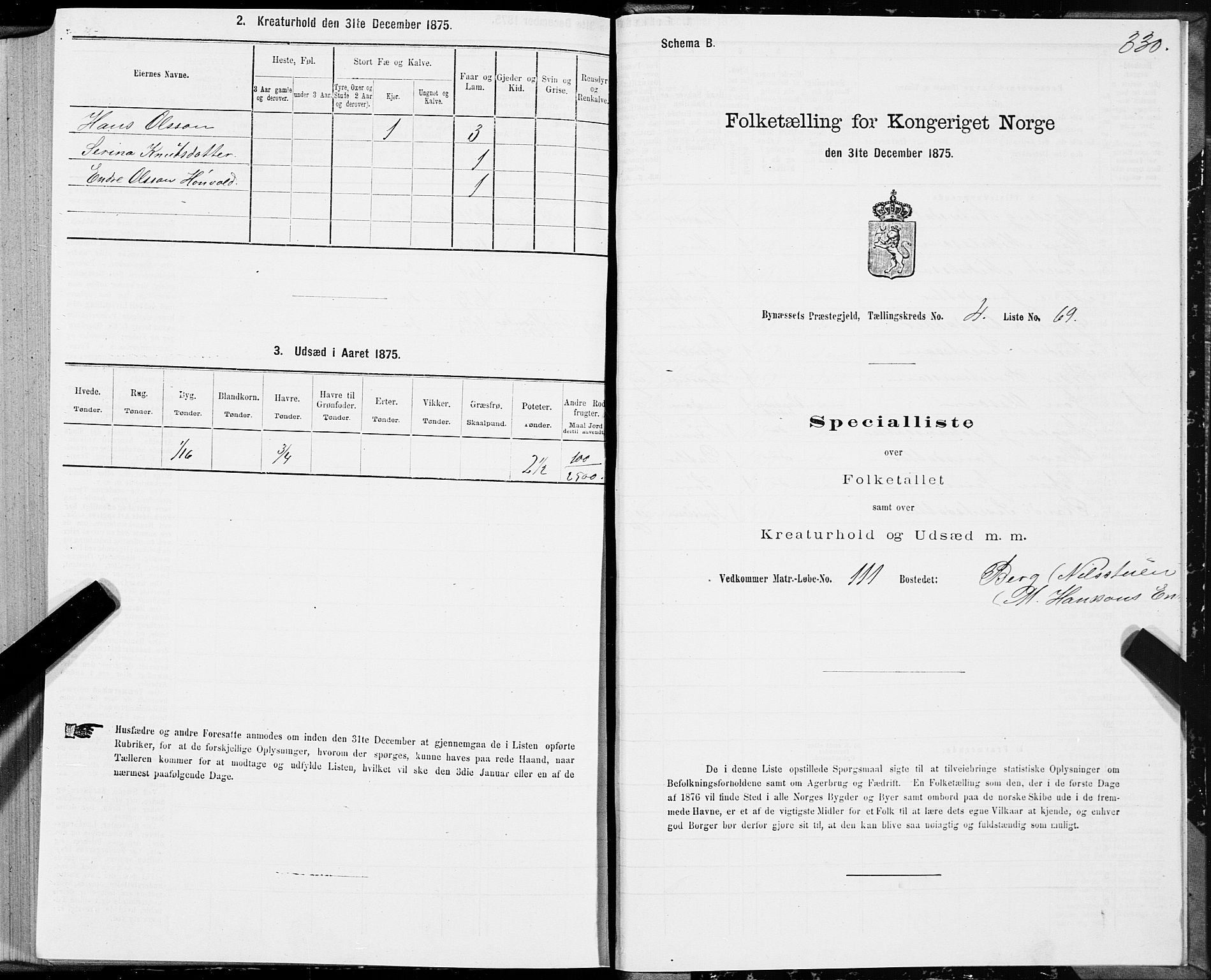 SAT, 1875 census for 1655P Byneset, 1875, p. 2330