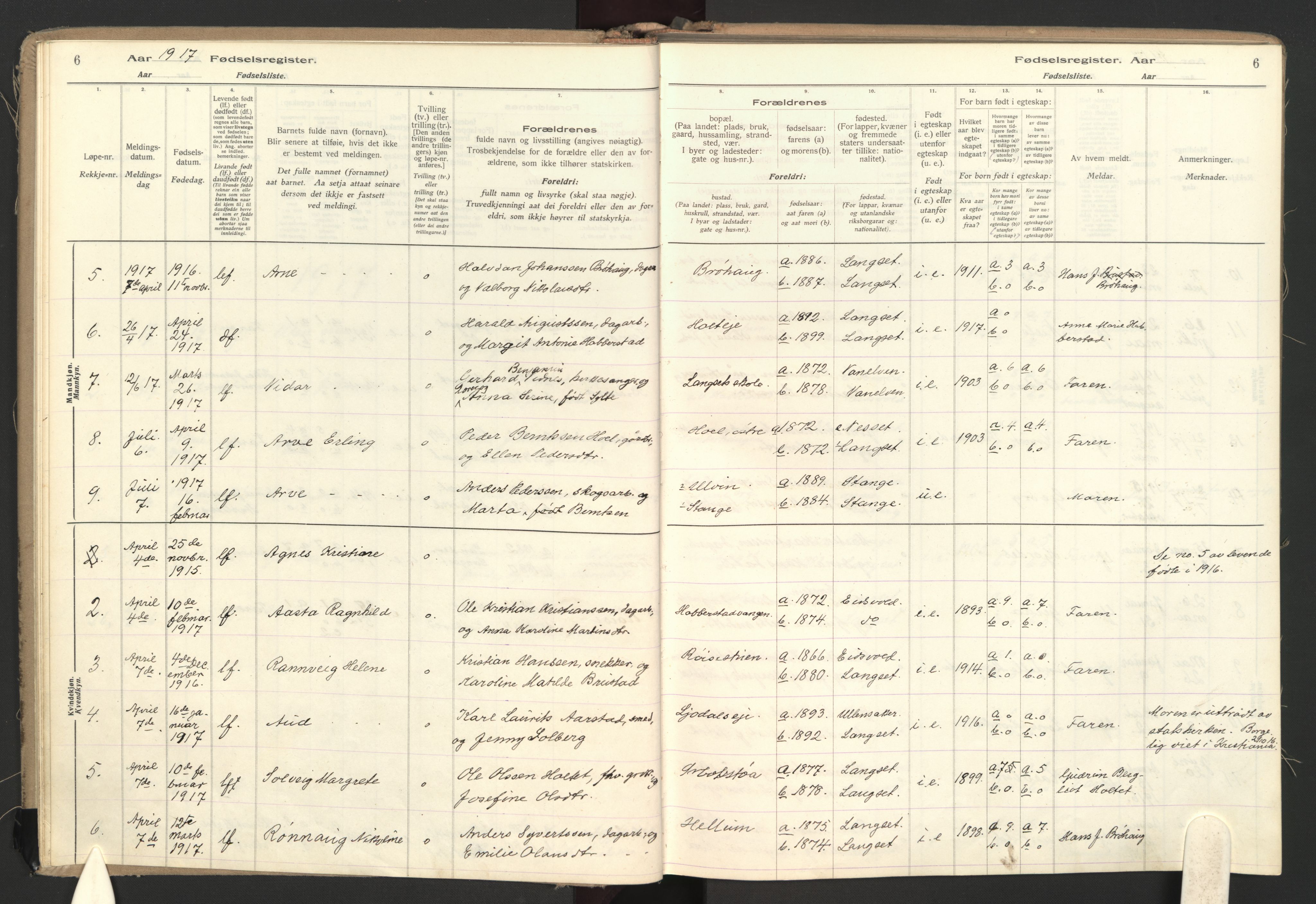 Eidsvoll prestekontor Kirkebøker, SAO/A-10888: Birth register no. II 1, 1916-1959, p. 6