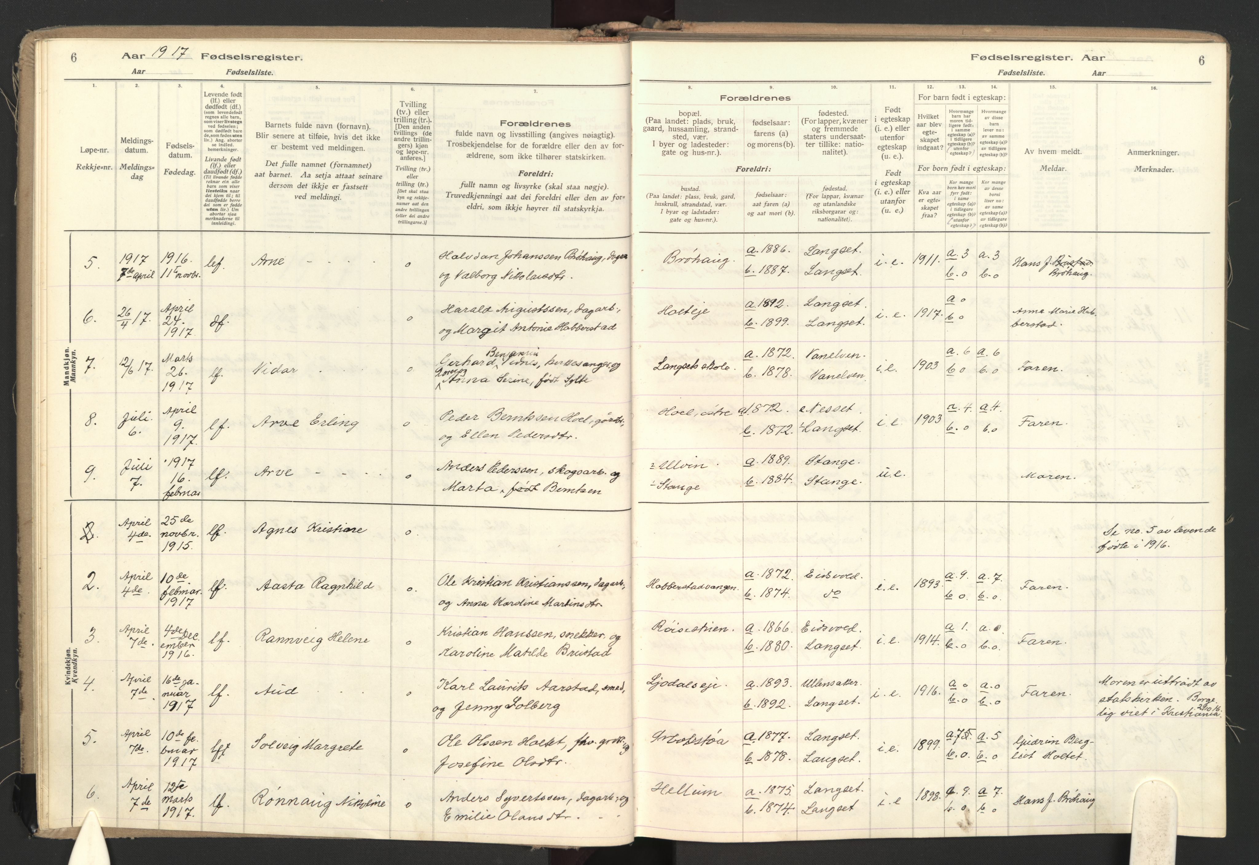 Eidsvoll prestekontor Kirkebøker, AV/SAO-A-10888/J/Jb/L0001: Birth register no. II 1, 1916-1959, p. 6
