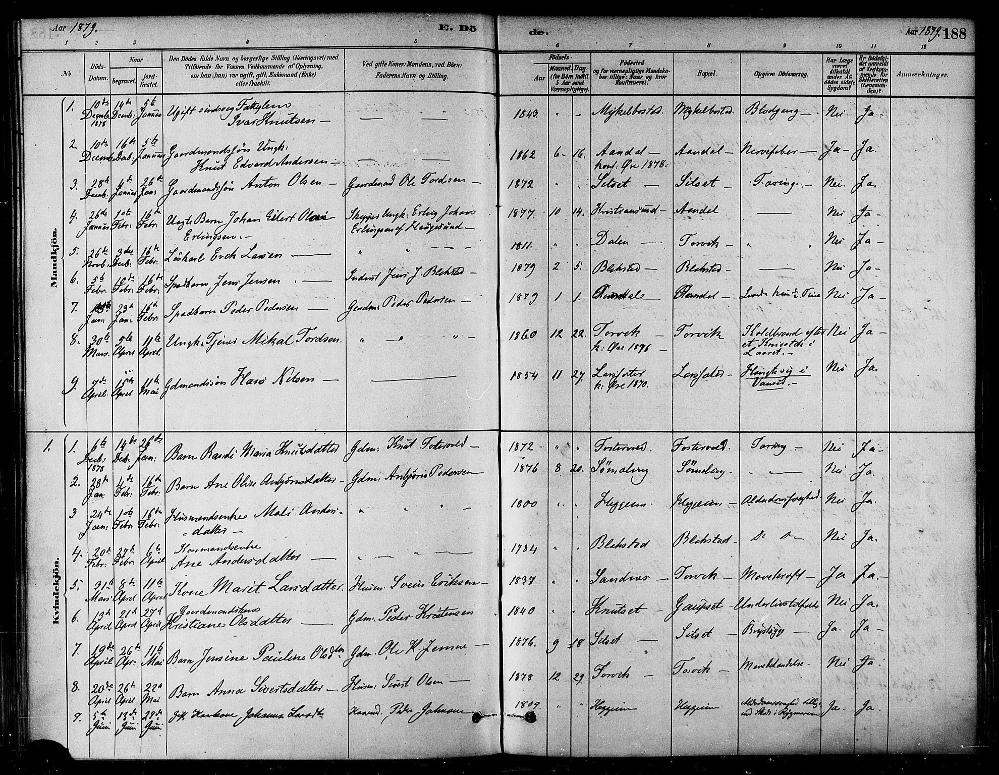 Ministerialprotokoller, klokkerbøker og fødselsregistre - Møre og Romsdal, SAT/A-1454/584/L0967: Parish register (official) no. 584A07, 1879-1894, p. 188