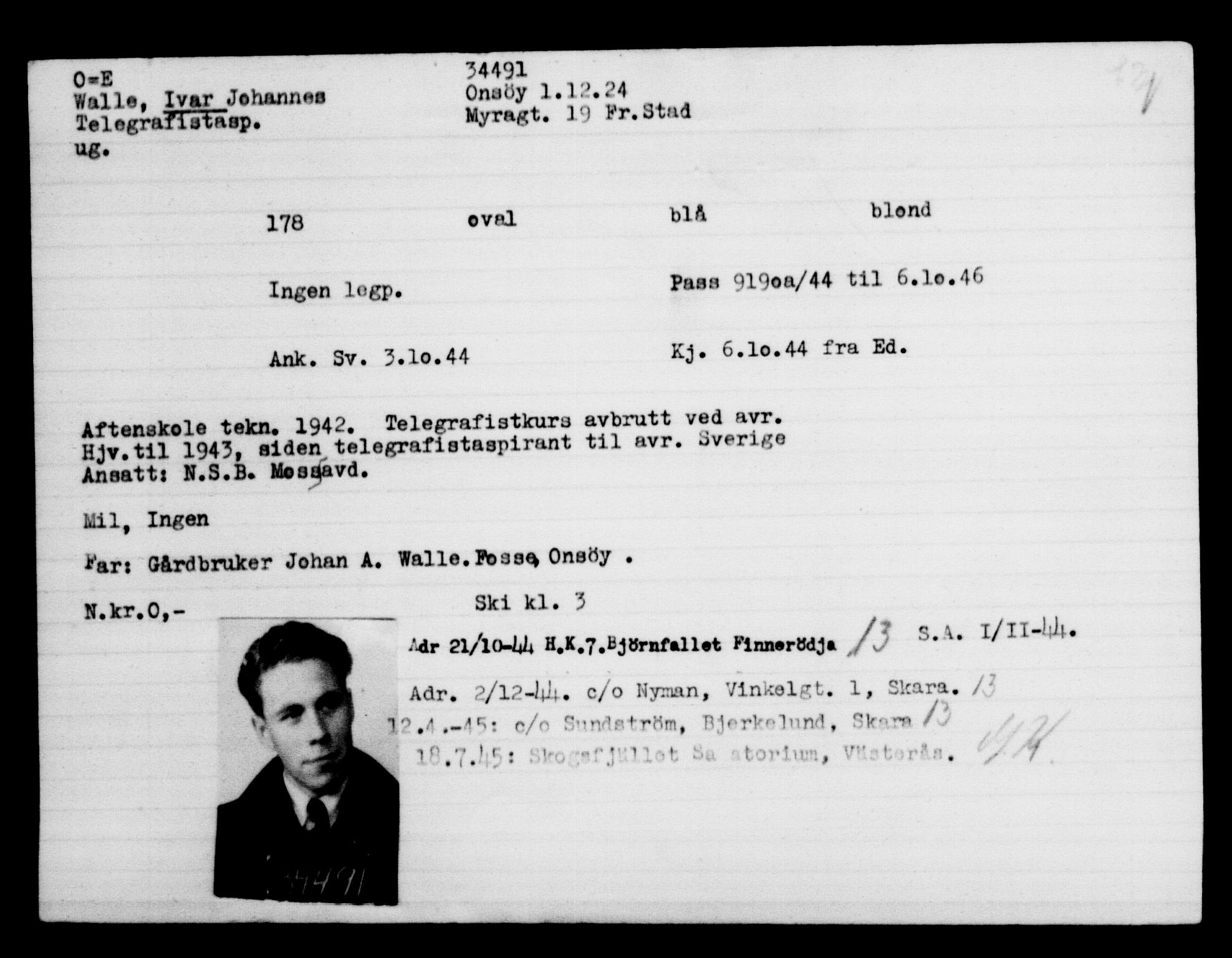 Utenriksstasjonene, Legasjonen i Stockholm, Flyktningkontoret, AV/RA-S-6753/V/Va/L0013: Kjesäterkartoteket, flyktninger med registreringsnr. 31500-34731, 1940-1945, p. 3151