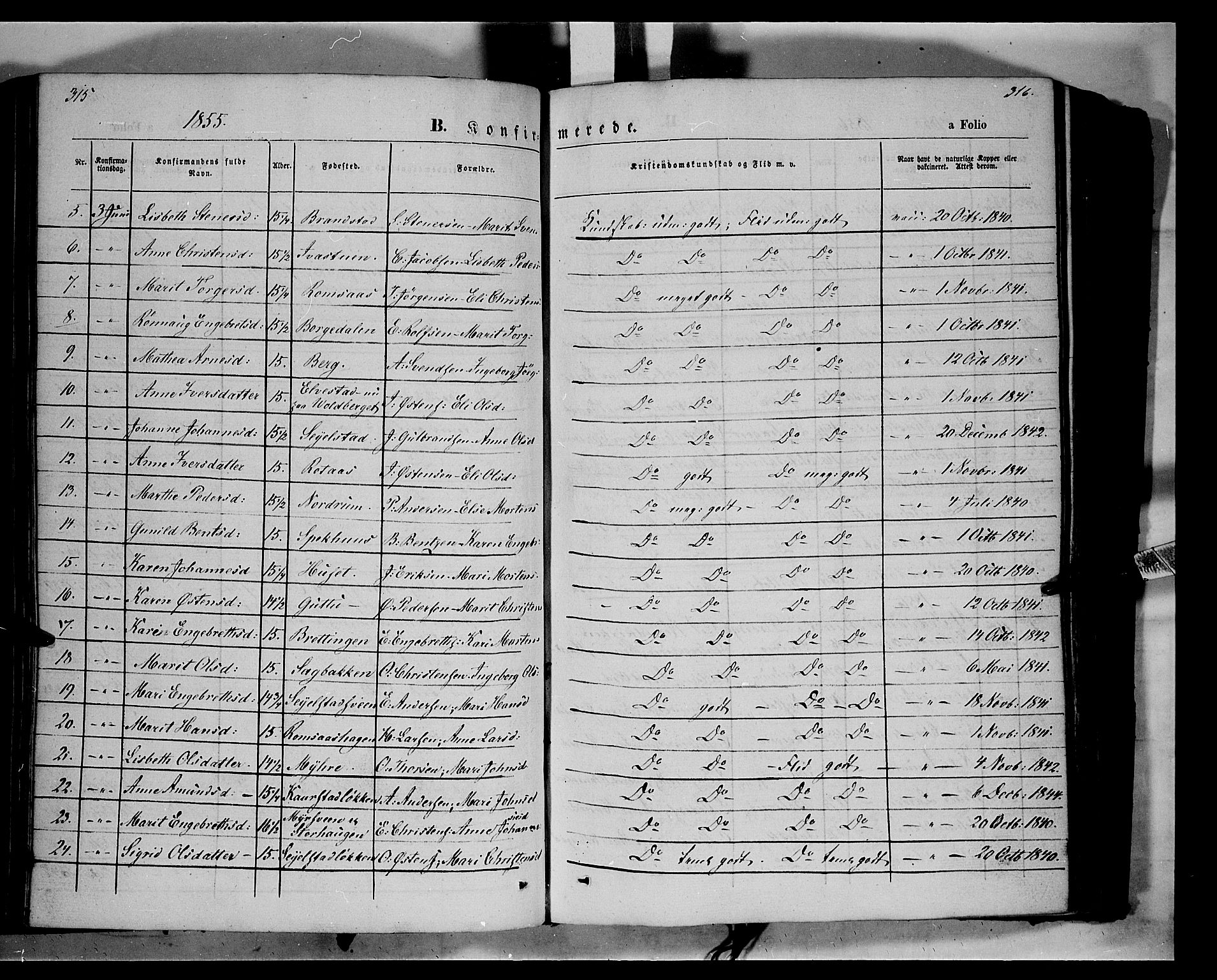 Ringebu prestekontor, SAH/PREST-082/H/Ha/Haa/L0006: Parish register (official) no. 6, 1848-1859, p. 315-316