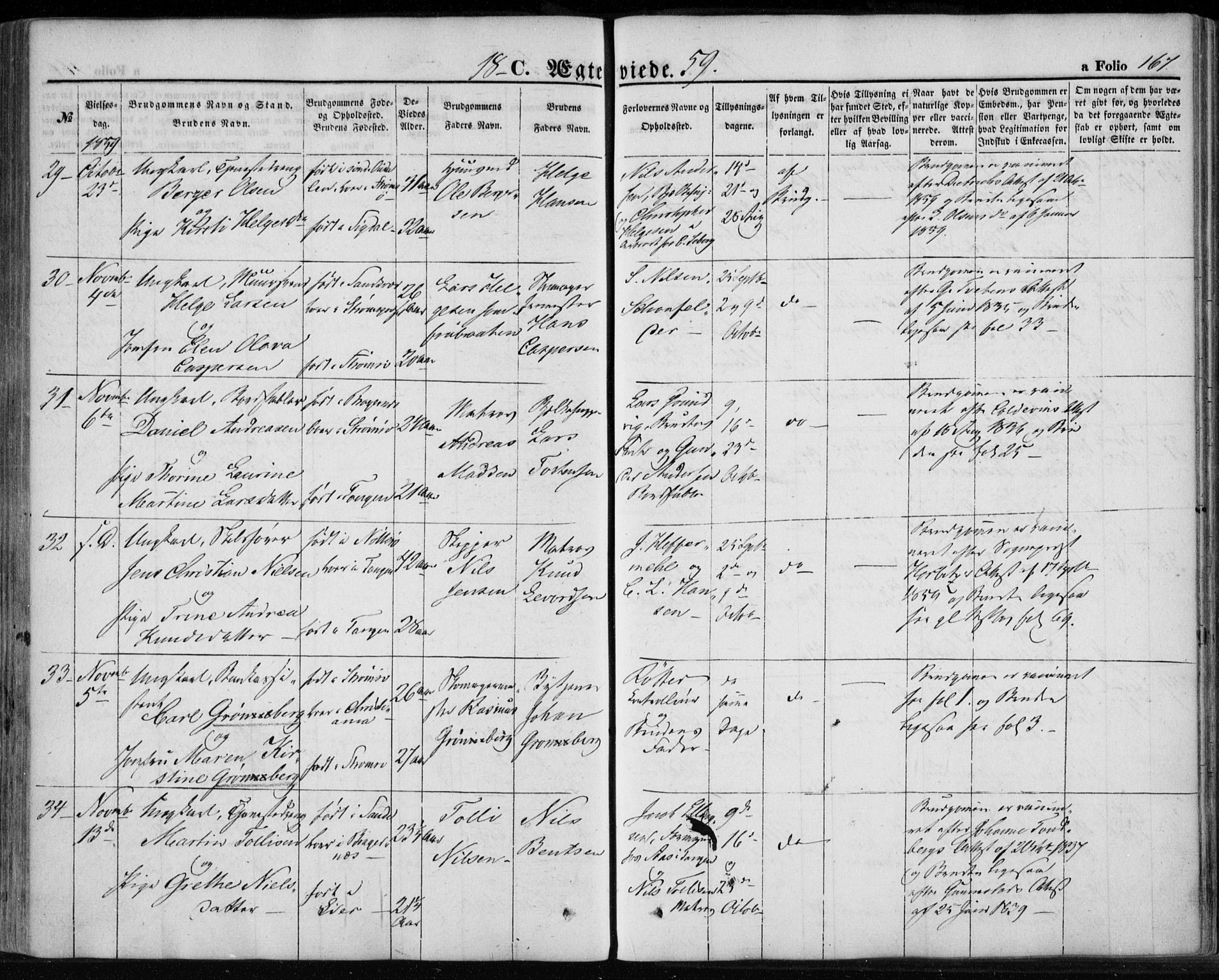 Strømsø kirkebøker, AV/SAKO-A-246/F/Fa/L0017: Parish register (official) no. I 17, 1848-1865, p. 167