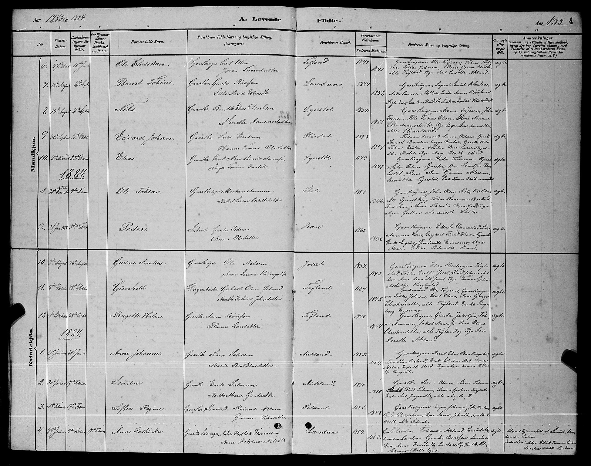 Nord-Audnedal sokneprestkontor, AV/SAK-1111-0032/F/Fb/Fbb/L0003: Parish register (copy) no. B 3, 1882-1900, p. 4