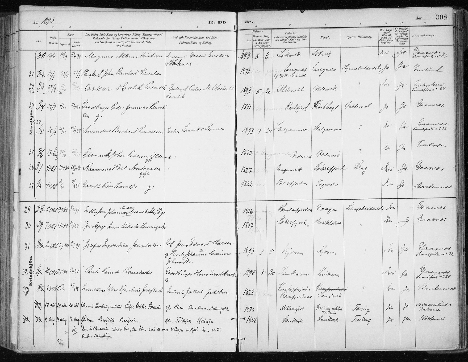 Tromsøysund sokneprestkontor, AV/SATØ-S-1304/G/Ga/L0005kirke: Parish register (official) no. 5, 1888-1896, p. 308