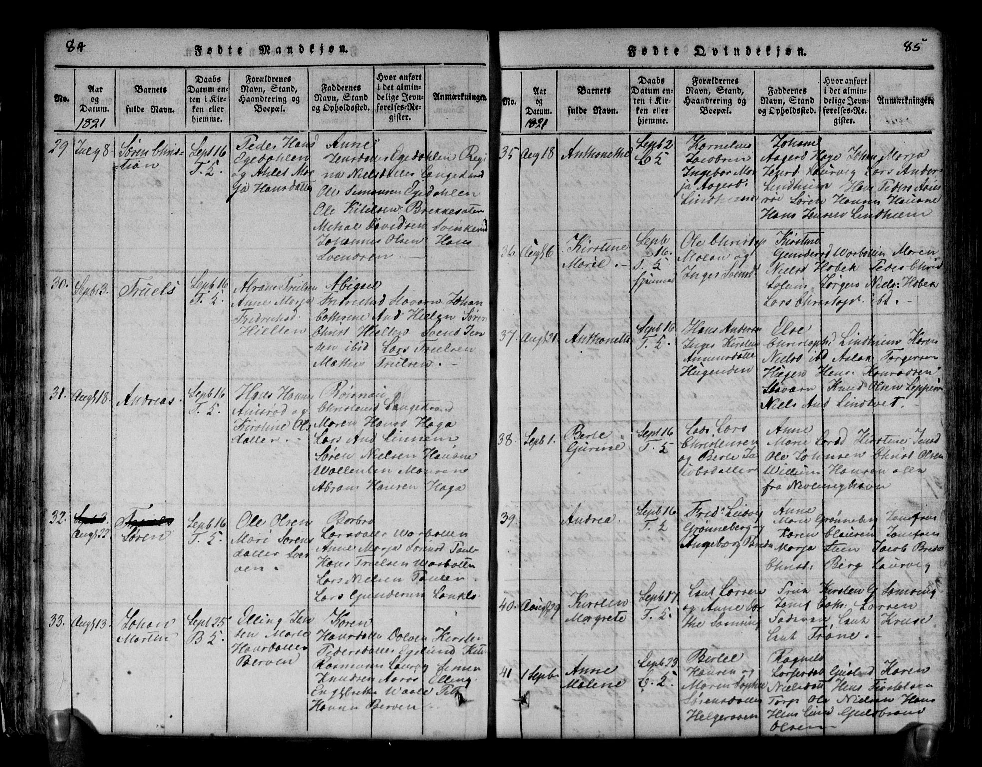 Brunlanes kirkebøker, AV/SAKO-A-342/G/Ga/L0001: Parish register (copy) no. I 1, 1814-1834, p. 84-85